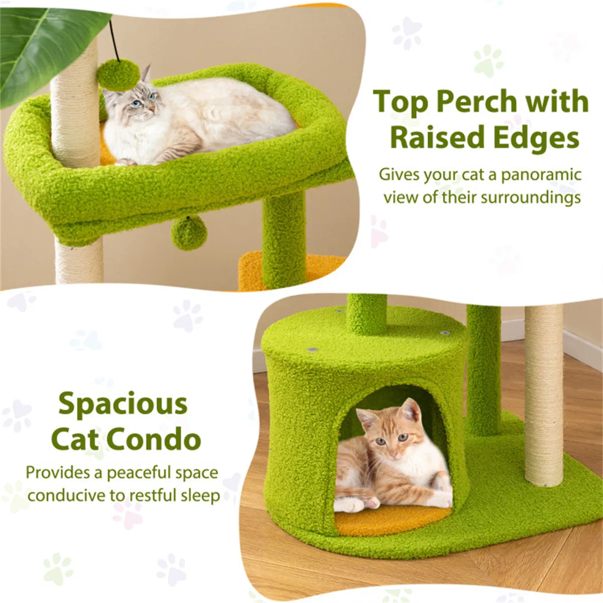 48" Cat Tree with Tropical Leaves - Self-Groomer & Scratching Posts, Space-Saving (Green+Orange) — image 6