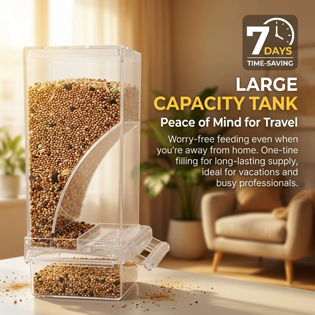 No Mess Automatic Bird Feeder Clear Acrylic Seed Dispenser Spill-Proof Parrot Feeder Cage Accessories for Budgies Parakeet Cockatiel Finch — image 6