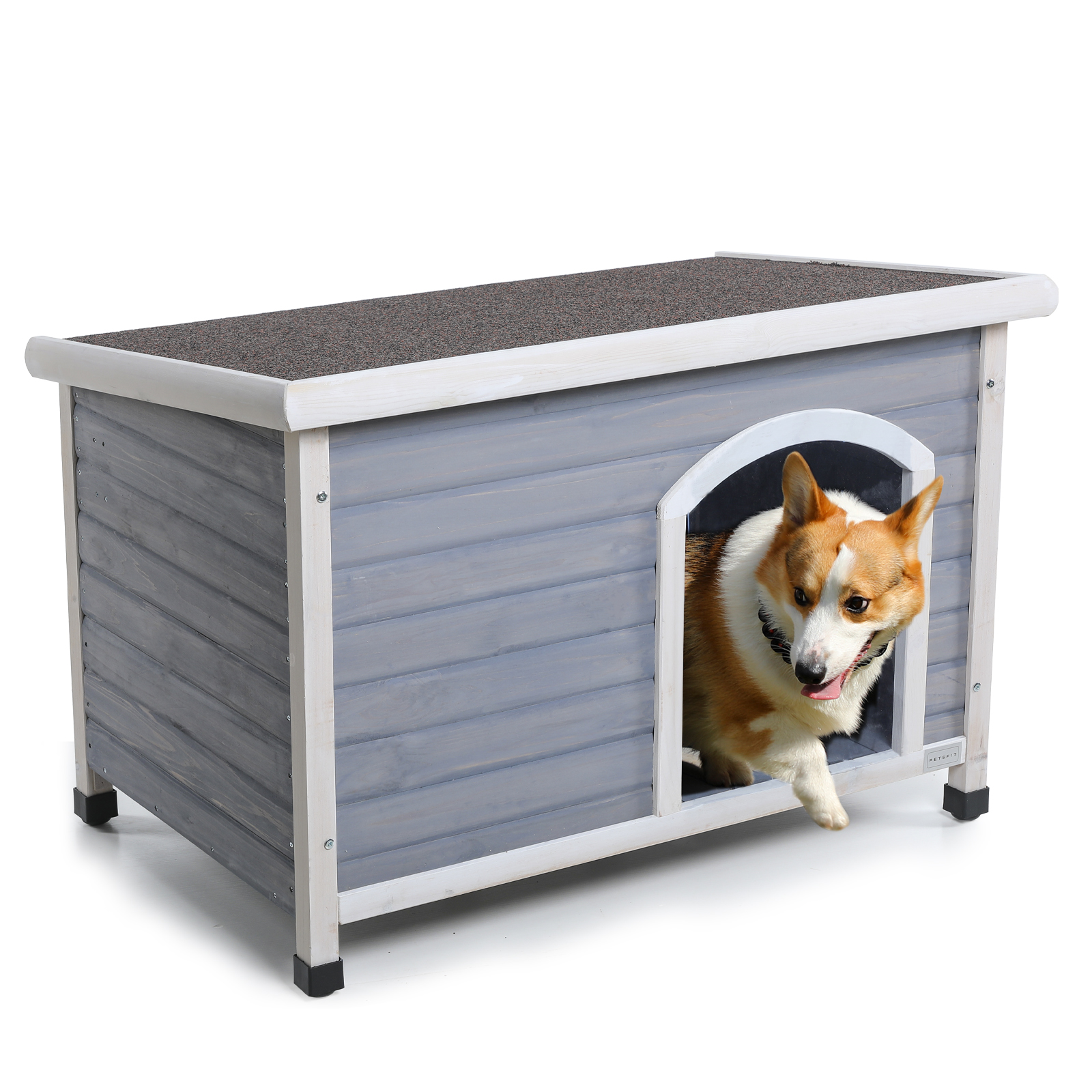 Medium Wooden Outdoor Dog House, Waterproof Roof, Elevated Floor, Adjustable Plastic Feet, Grey — image 1