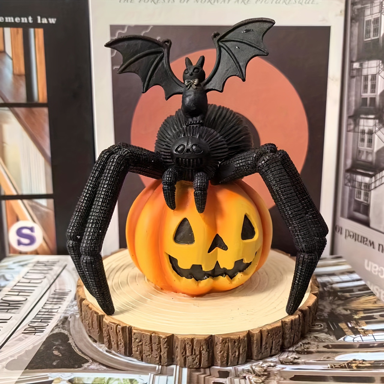 Araña de calabaza en estaca de madera decoración atmosférica de resina objetos decorativos Calabaza con Araña — imagen 1