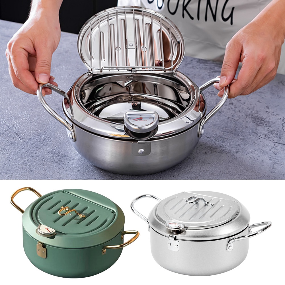 Restaurant Lid With Thermometer Non Stick Tempura Deep Fryer Carbon Steel Easy Clean Kitchen Chicken French Fries Oil Drip Rack — image 3