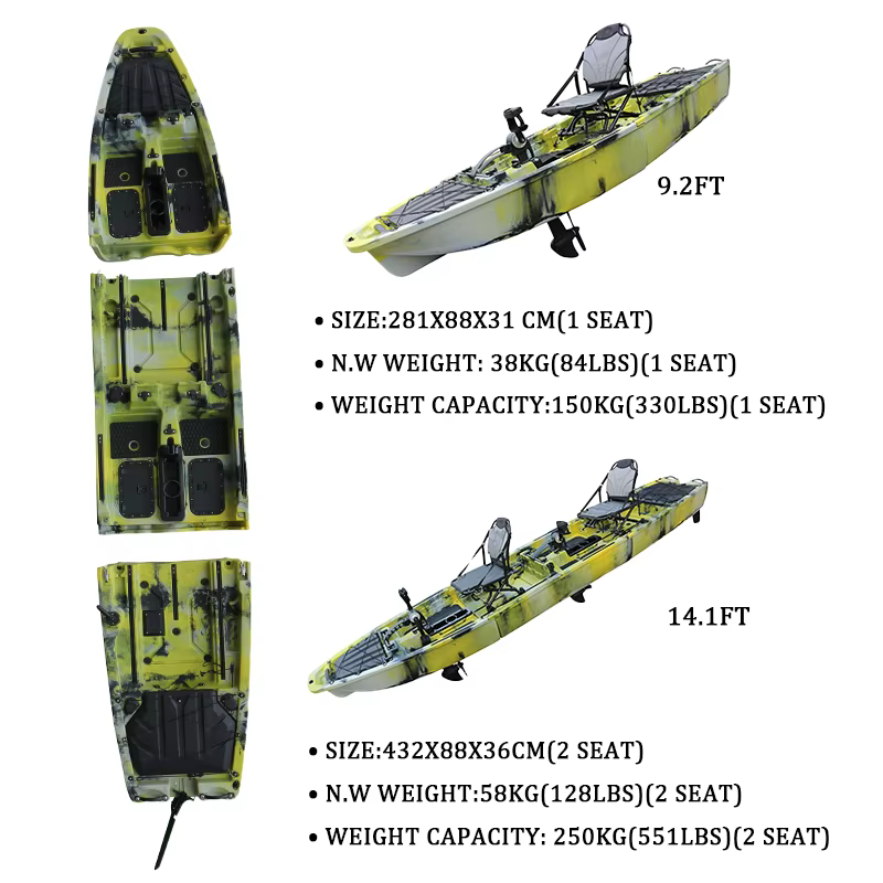 Kayak de Mar Modular de Pedal para 2 Personas de 14.1FT, Casco de HDPE PE, Kayak de Plástico con Hélice para Pesca en el Océano, con Motor de Curricán — imagen 4
