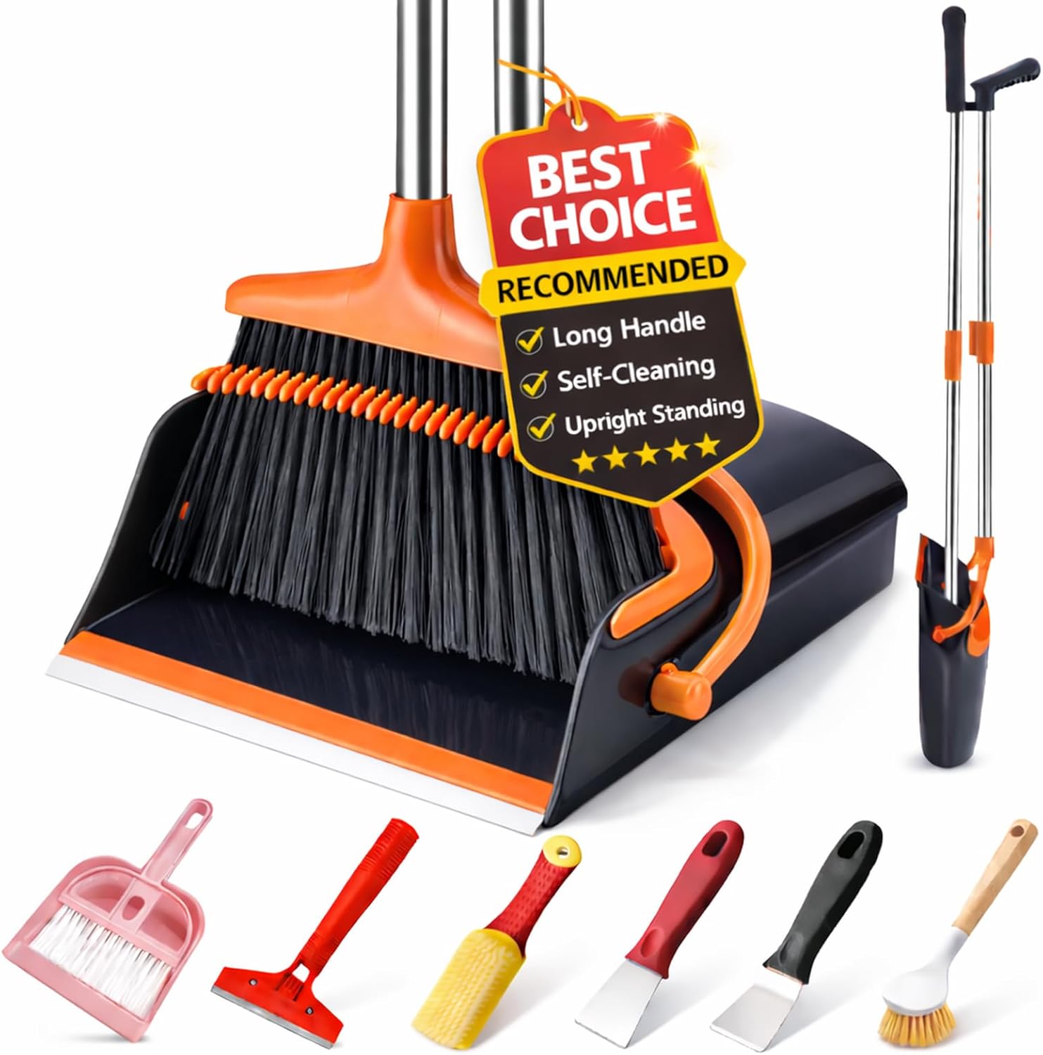 Long Handle Broom And Dustpan Set, Upright Self-Cleaning Combo With Windproof Dustpan And 6 Bonus Tools For Pet Hair Cleaning — image 1