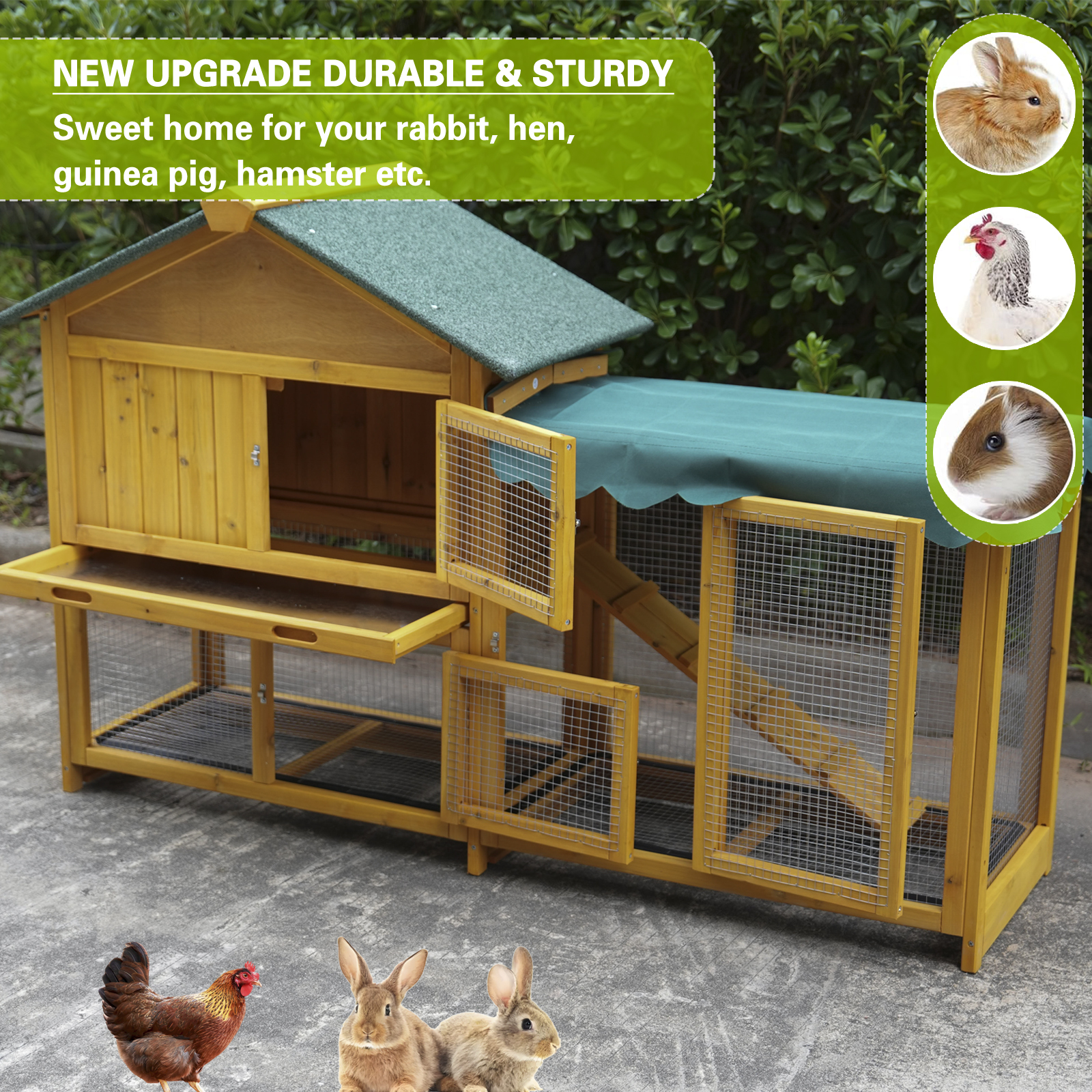 Rabbit Hutch, Indoor Bunny Cage, Outdoor Rabbit Cages With Run, Pet House With Deeper No Leak Tray, UV Panel, Removable Bottom Wire Mesh For Small Animals, Removable Waterproof And Sun Protection Cover — image 4
