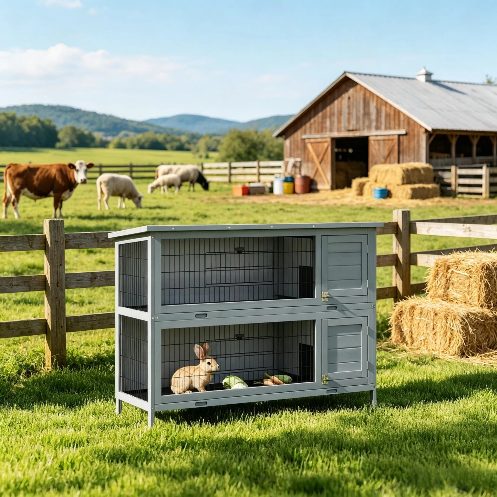54" 2-Story Large Rabbit Hutch, Bunny Cage, Wooden Pet House, Small Animal Habitat, Gray with Lockable Doors, Tray, Roof — image 1