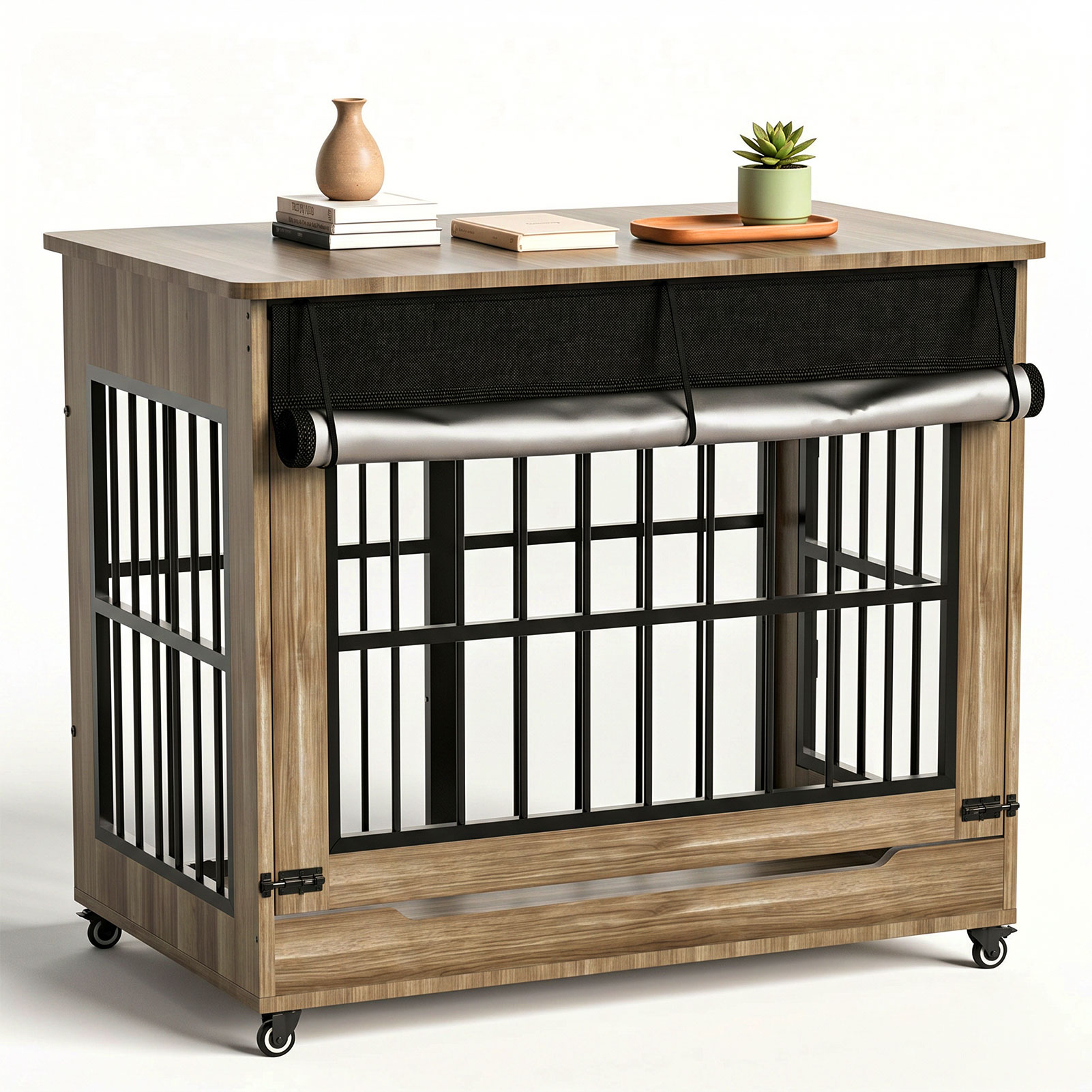 Large Dog Crate Furniture, Double Door Wooden Indoor Dog Kennel Furniture, Decorative Pet Cage End Table With Wheels For Extra Large Breed Dogs, Size 2XL, Greige — image 20