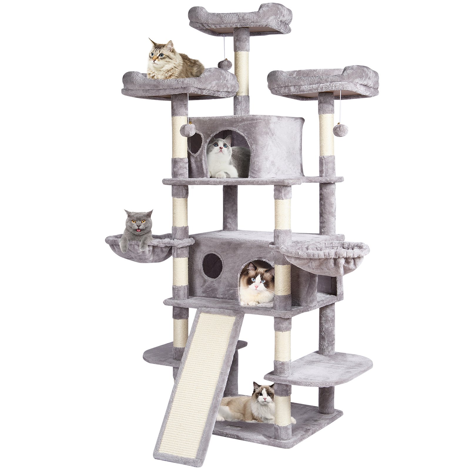 Árbol para Gatos de Interior, 68,5" Torre para Gatos con 2 Condos, Palo de Escarificar de Sisal, Hamacas, Perchas Superiores y Plataformas de Salto con Rampita, Centro de Actividad para Gatos con Pelotas Colgantes Gris Claro — imagen 1