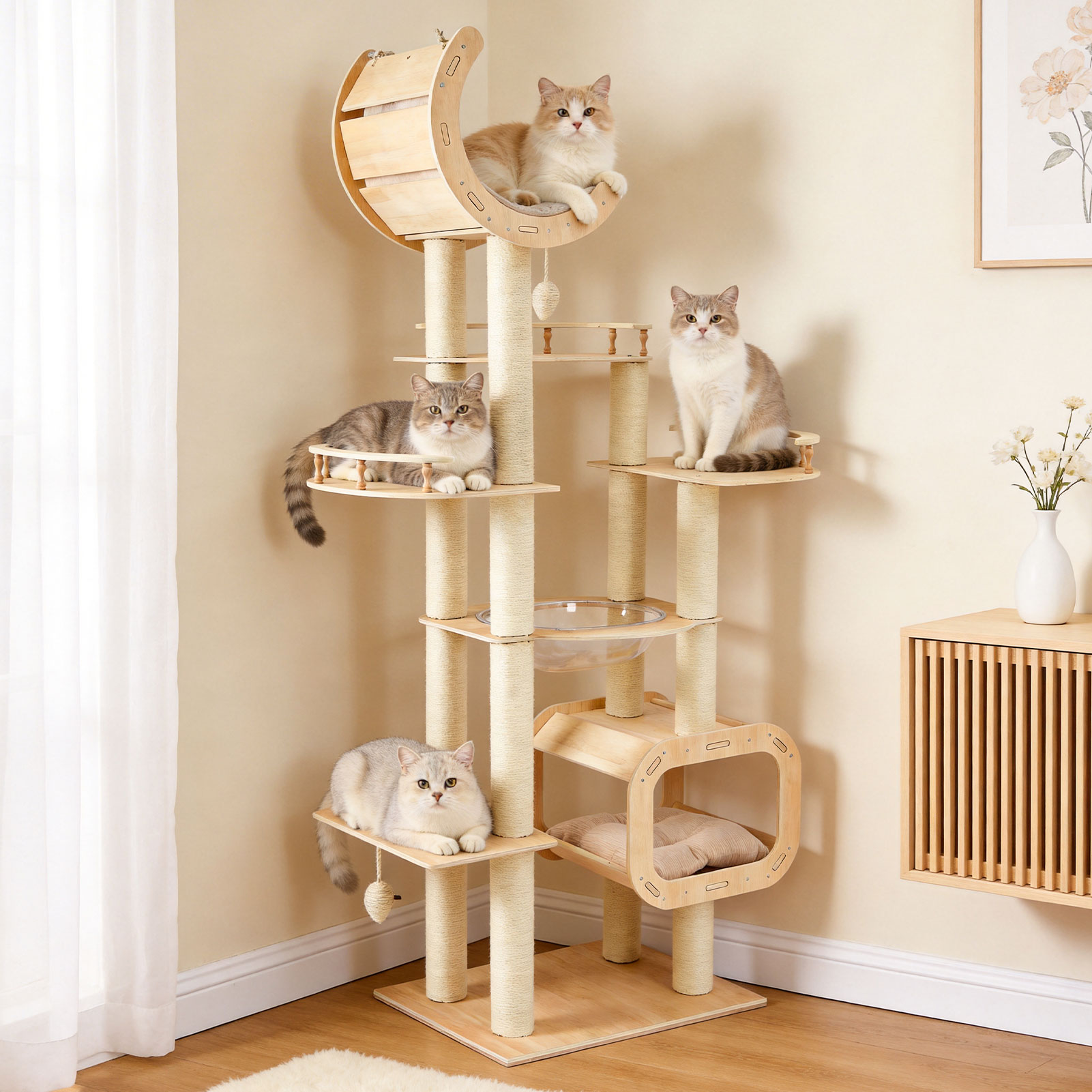 Heavy-Duty No-Drill Large Cat Tree-Solid Wood, 5-Story Multi-Column Cat Tower, 80.4in For Large Spaces & Multi-Cat Households, Open Condo, Space Capsule, Bed, Durable Indoor Pet Furniture — image 1