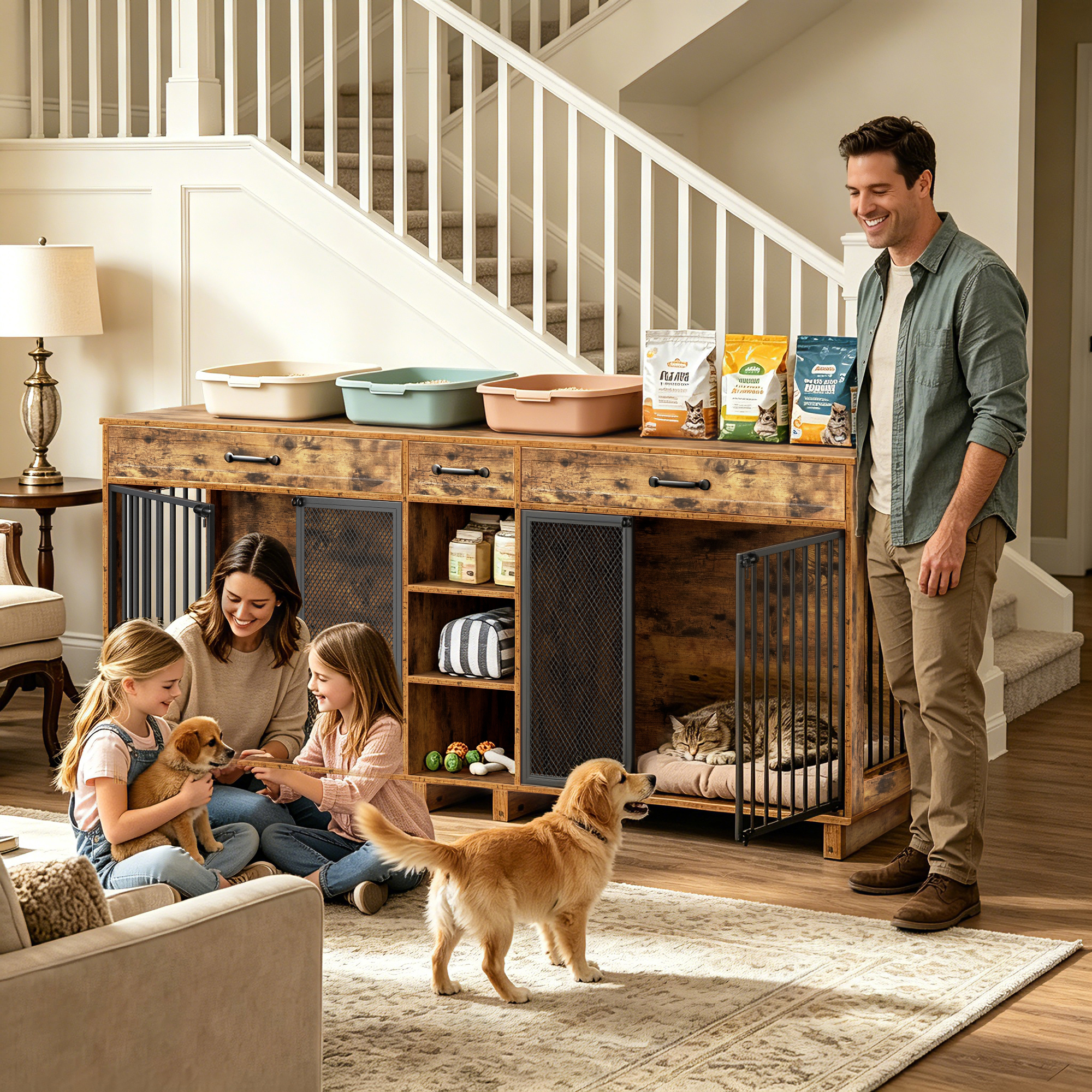 Large Wooden Dog Crate Furniture, Multi-Functional Pet Cage Cabinet with Storage — image 10