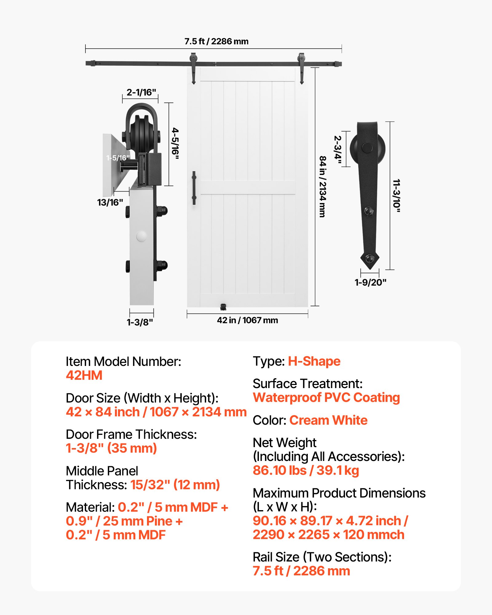 Sliding Barn Door, 42 X 84 Inch, High-Strength MDF Panel, Barn Door With Hardware Kit, Water-Proof PVC Surface, Easy To Install, H-Frame, Smoothly And Quietly Sliding For Living Room, Bathroom — imagen 1