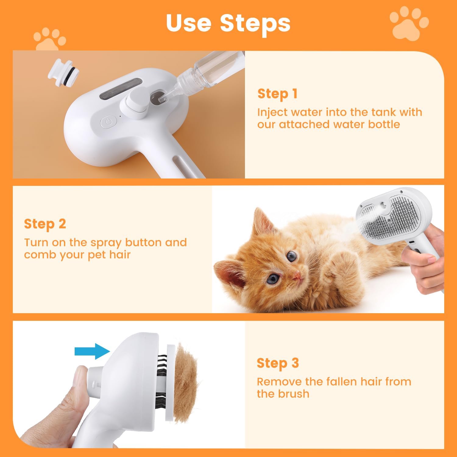 Cepillo de Vapor 3 en 1 para Gatos, Cepillo de Vapor para Mascotas de Pelo Largo y Corto, Peine con Spray para Eliminar Pelo en Animales Pequeños, Cepillo con Rociador de Niebla de Agua y Botón de Liberación — imagen 15
