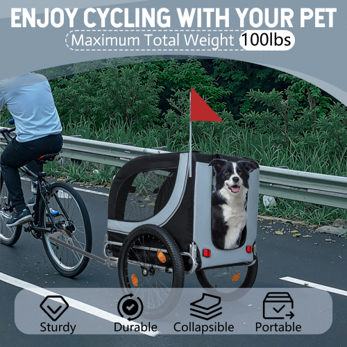Remolque de Bicicleta Grande Plegable para Perros - Capacidad 100LB, Transporte Seguro para Mascotas en Terrenos Varios, Estructura de Acero Duradero para Ciclismo, Carrera y Aventuras al Aire Libre, Negro-Gris 20 pulgadas de Ancho con Llantas Gordo — imagen 4