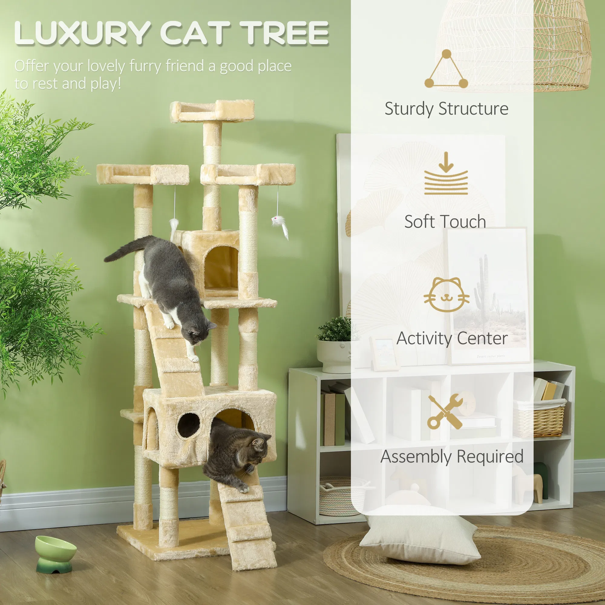 68-inch Multi-Level Cat Scratching Tree Kitty Activity Center Post Tower Condo Pet Furniture w/ Toy Beige — image 2
