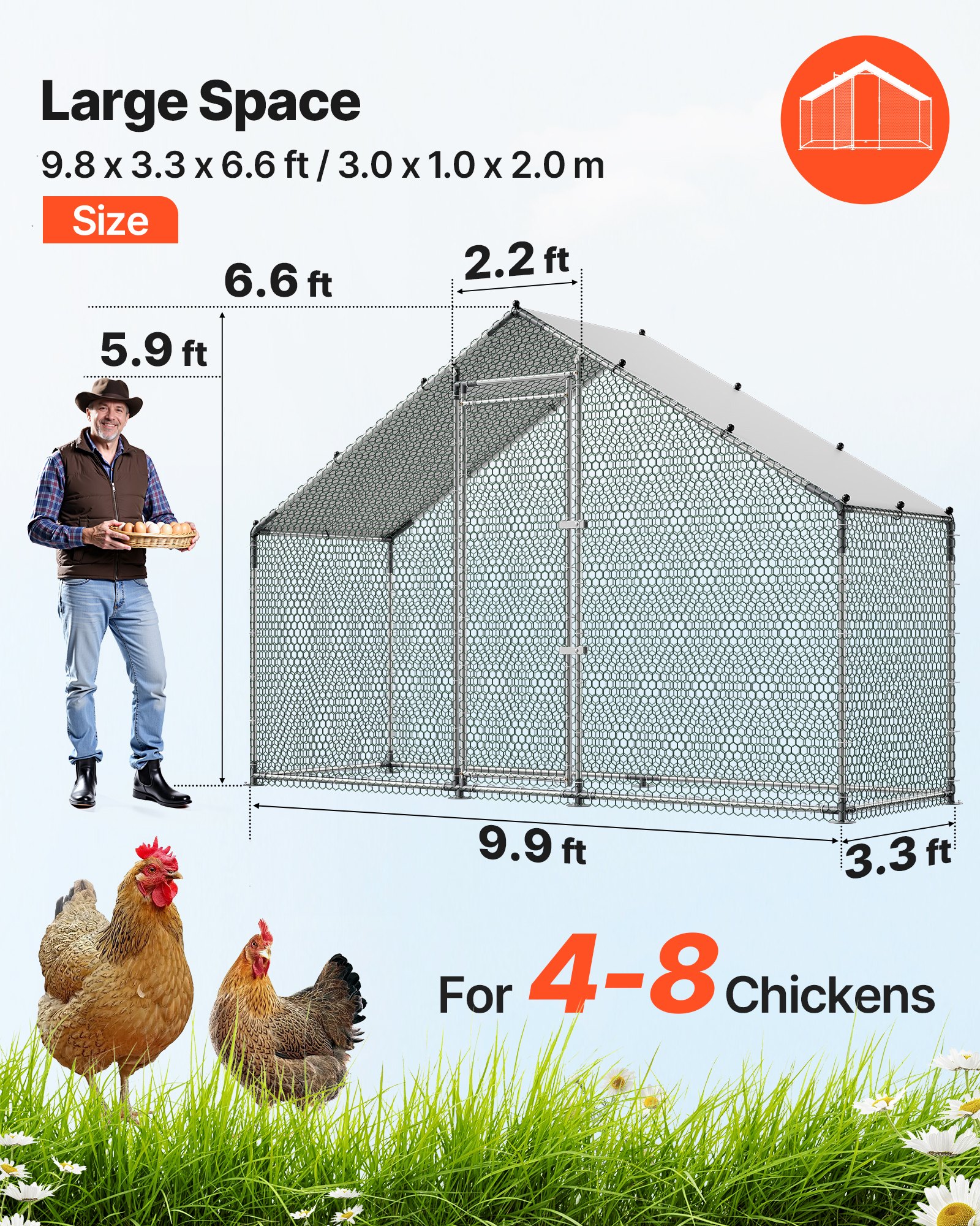 Large Metal Chicken Coop, 9.8 X 3.3 X 6.6 Ft, Walk-in Chicken Run House With Waterproof Cover & Sturdy Frame, Spire Roof Poultry Cage Duck Pen For Rabbit Hen Goose Outdoor Backyard Farm Use — imagen 2