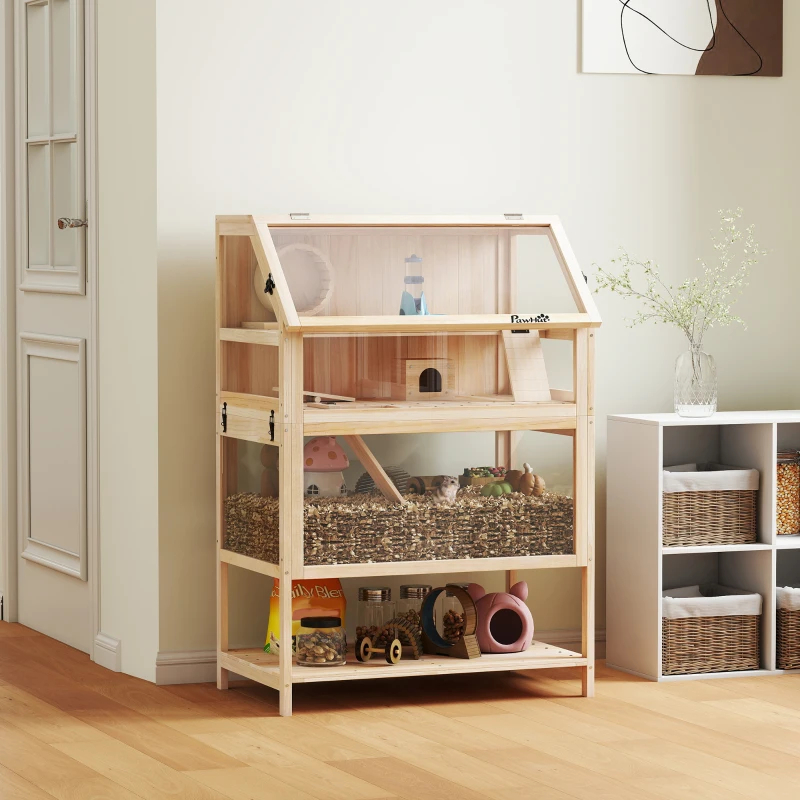 Wooden Hamster Cage With Detachable Lower Floor, Storage Shelf, Hut, Seesaw, Exercise Wheel, Ramps For — imagen 3