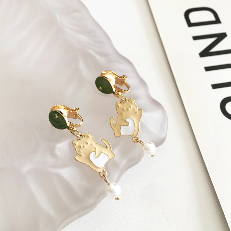 Pendientes de gatito de dibujos animados con aguja de plata S925, creativos, nicho, con perla de gota de aceite — imagen 4