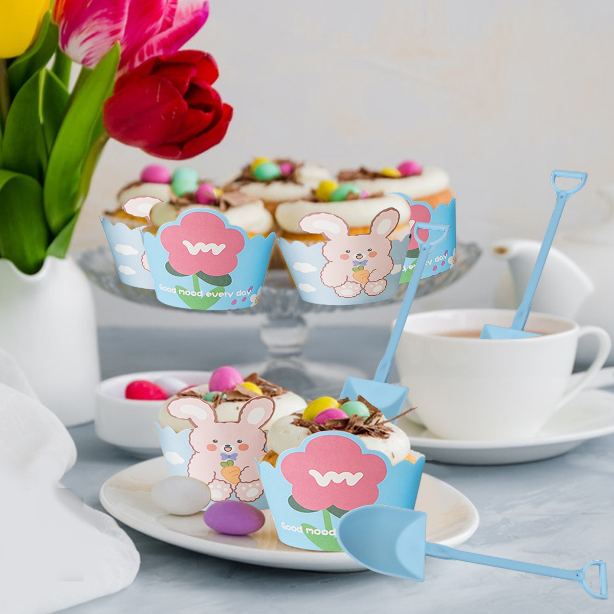 Cute Cupcake Liners Wrappers With Plastic Spoons Bunny Flower Pattern Paper Baking Cup Scalloped Edge Cupcake Muffin Cases For Easter Spring Birthday Wedding Holiday Party Supplies — image 8