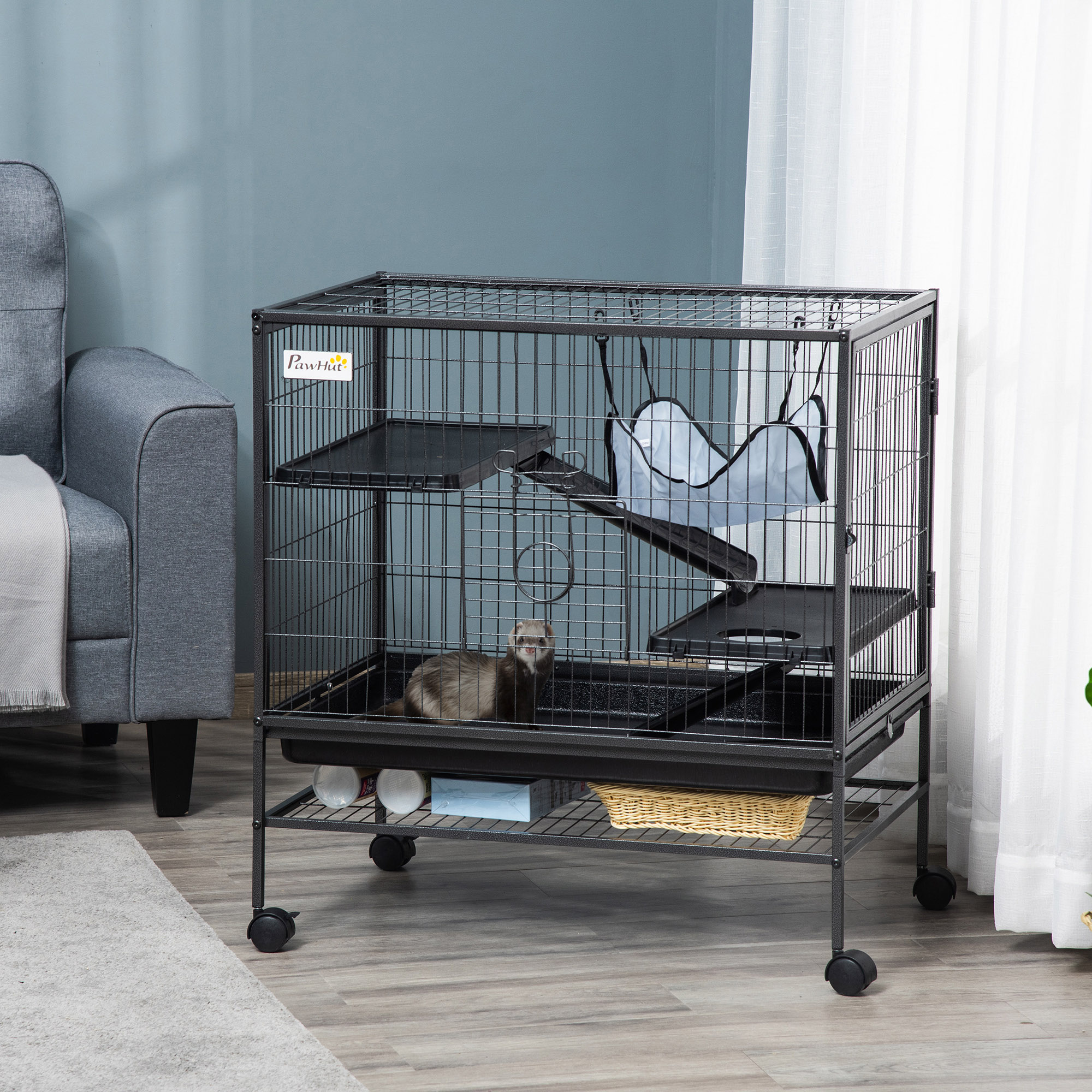 Caja para Pequeños Animales con Ruedas, Jaula Portátil para Ratones, Hámsters Sírianos, Gatos Cachorros, Furetes, Chinches con Plataforma de Almacenamiento en el Fondos, bandeja Removible, Rampita, 81 cm x 52 cm x 84 cm — imagen 1