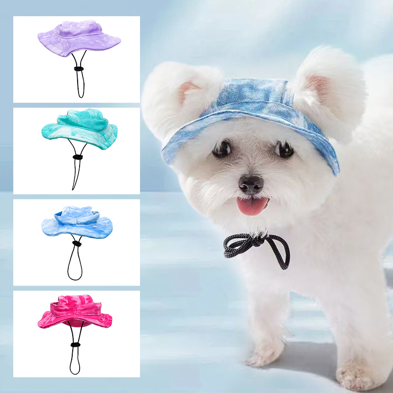 Pet hat with leaky ears cotton tie dye cat dog fisherman hat anti fall lace up sun hat — image 7