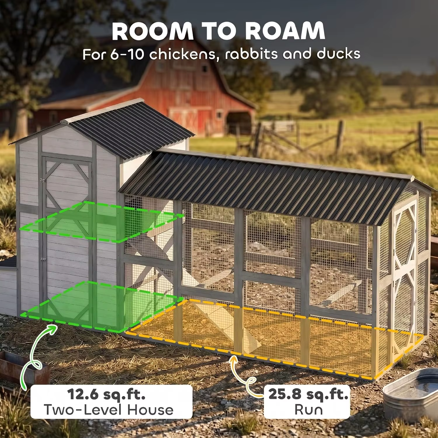 Walk-In Poultry Hutch Outdoor Chicken House, Nesting Box, Pull-Out Tray, Ventilated Windows, Ramp for Duck Rabbit — image 3