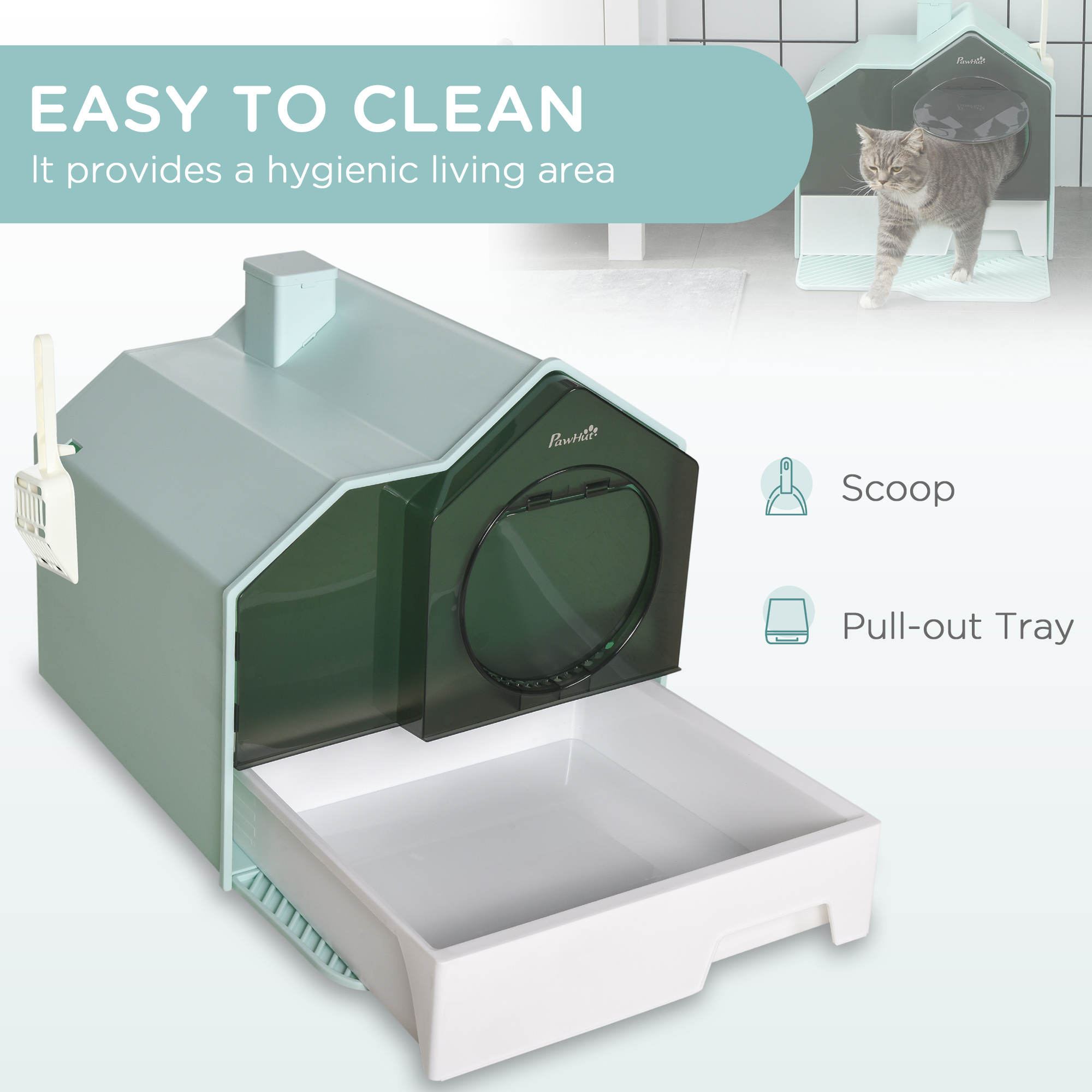 Hooded Cat Litter Box w/ Litter Mat, Litter Particle Catching, Light Blue — image 7