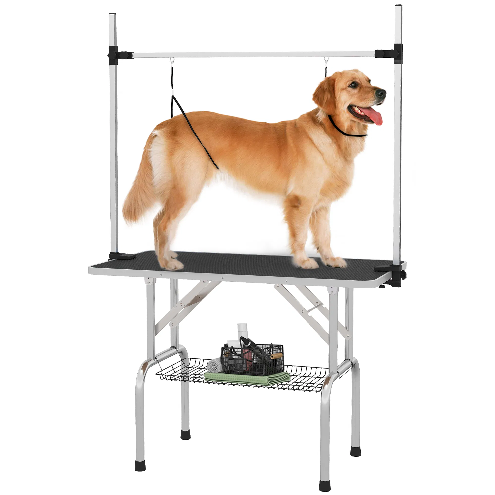 Adjustable Dog Grooming Table with 2 Safety Slings, Storage Basket, Black — image 1