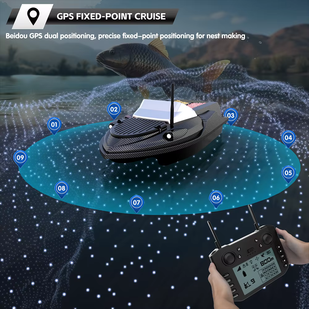 V080 Fibra de Carbon GPS Barco de Cebo a Distancia 150 Puntos de Localización 2KG Carga Auto Retorno 12V Pesca Nocturna Barco para Carpa — imagen 6