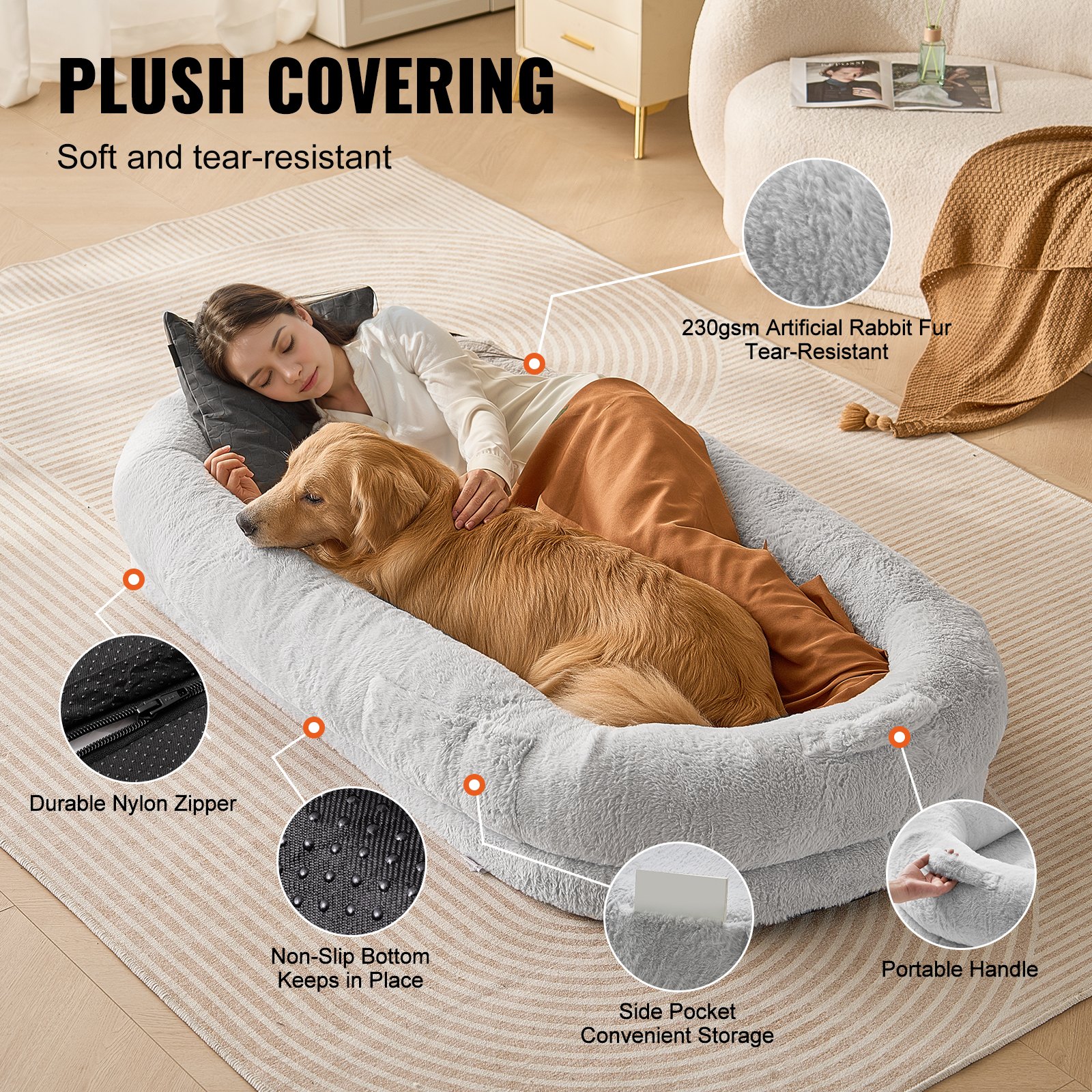 Cama para Humanos y Perros Grande 68x35x10in Felpa de Coniglio Real Sintética Limpiable — imagen 4