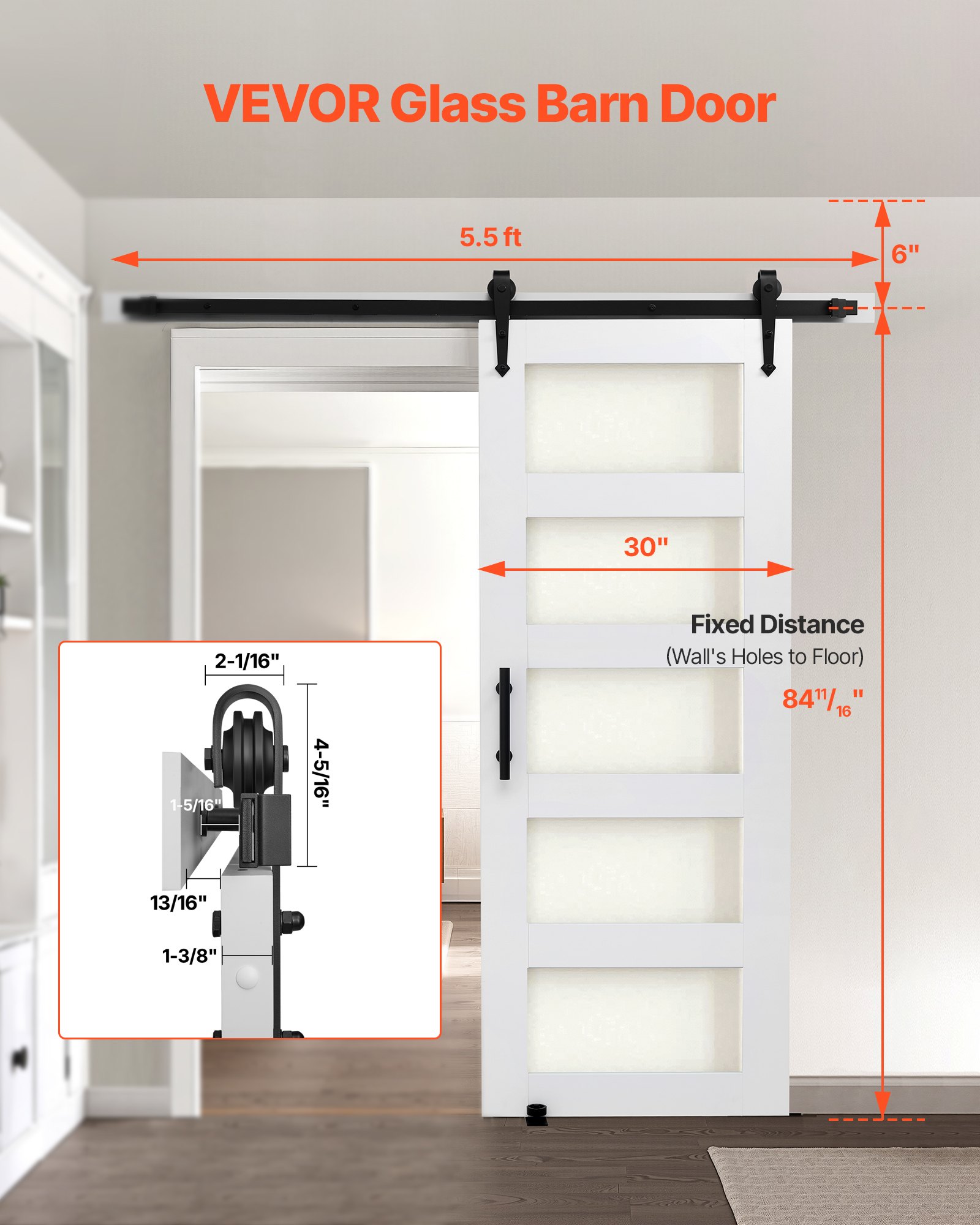 Sliding Barn Door, 30 X 84 Inch, High-Strength MDF Panel And Glass, Barn Door With Hardware Kit, Water-Proof PVC Surface, Easy To Install, H-Frame, Smoothly And Quietly Sliding For Living Room — imagen 3