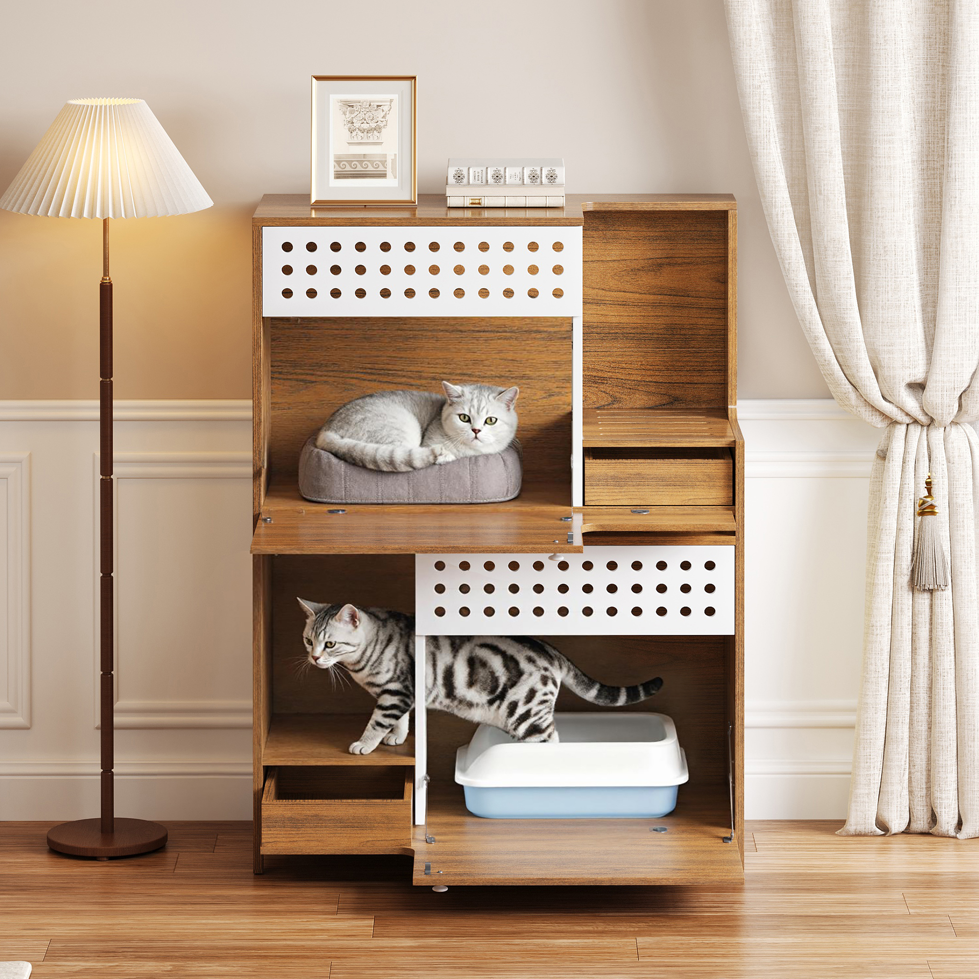 Modern 2 IN 1 Cat Furniture, Cat Litter Box Enclosure Side Table, Cat House With Storage, For 2 Small-Medium Sized Cats - BROWN — imagen 2