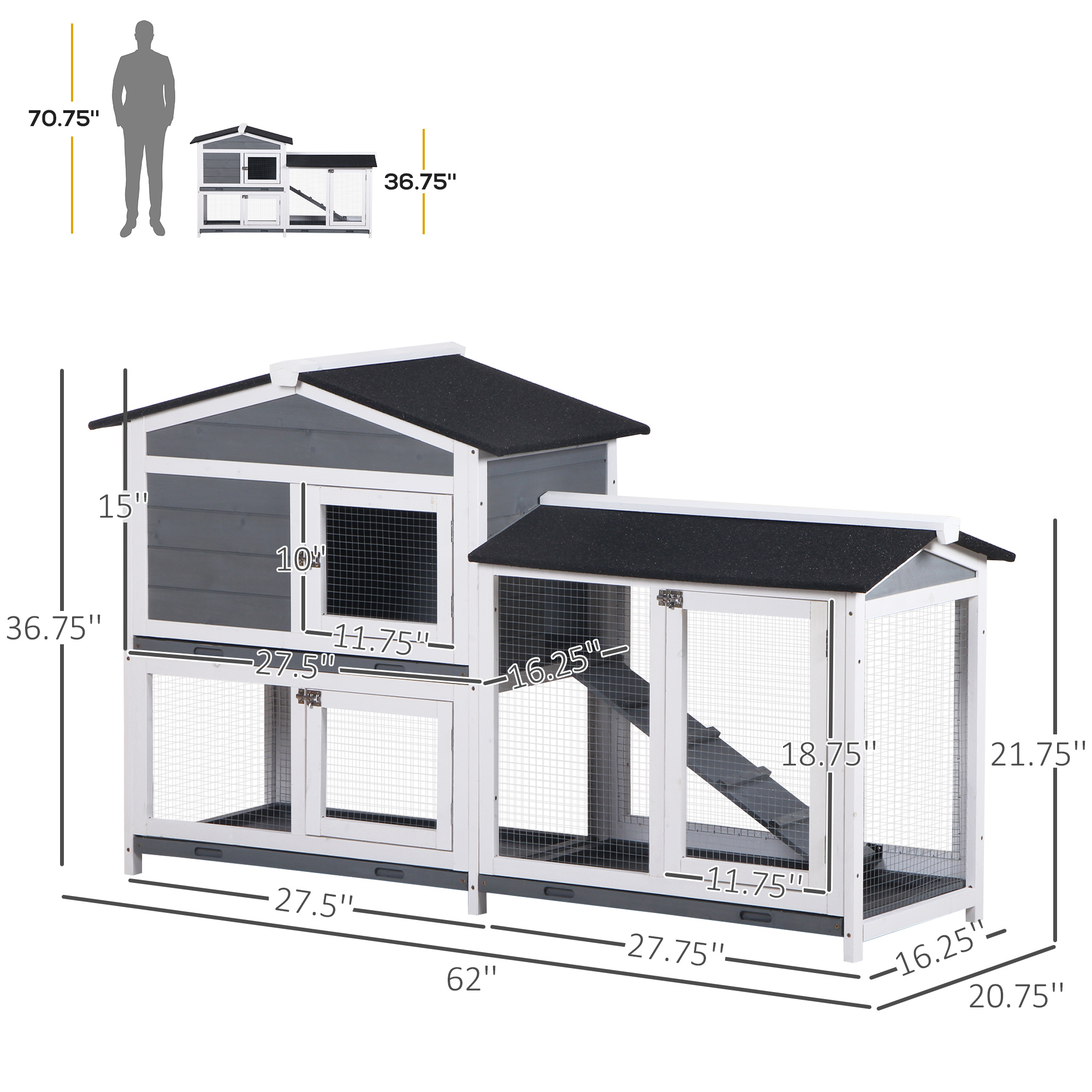 Recinto Interior para Conejos de 2 Niveles, Conejera de Madera para Patio Trasero, Casa para Animales Pequeños con Rampa, Corral Exterior Cerrado — imagen 8