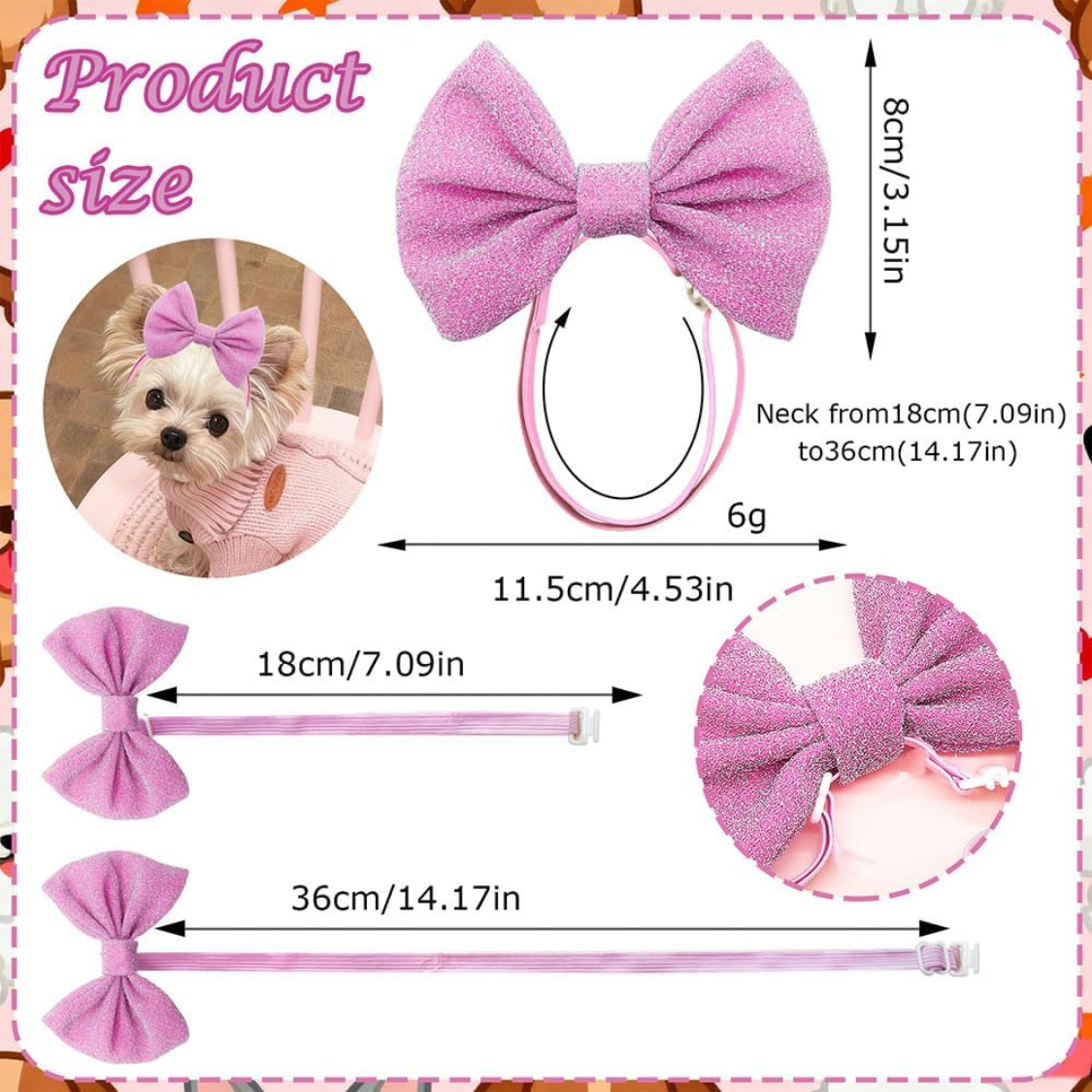4 Piezas de Diadema con Moño para Perros Pequeños y Medianos, Ajustable, Accesorios de Peluquería para Mascotas, Cachorros y Gatos — imagen 6