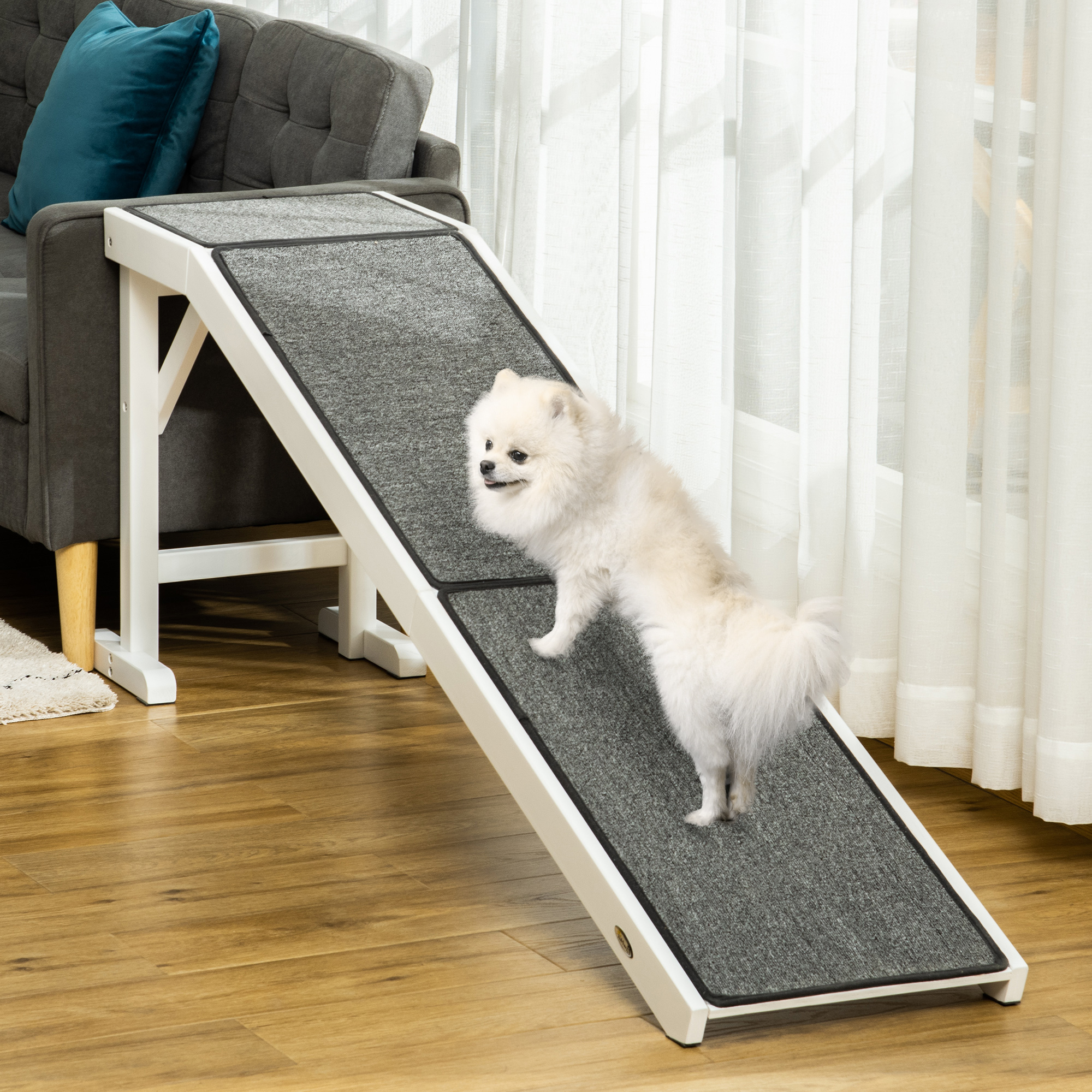 Dog Ramp Foldable With Non-slip Carpet Top Platform, Gray, White — imagen 1
