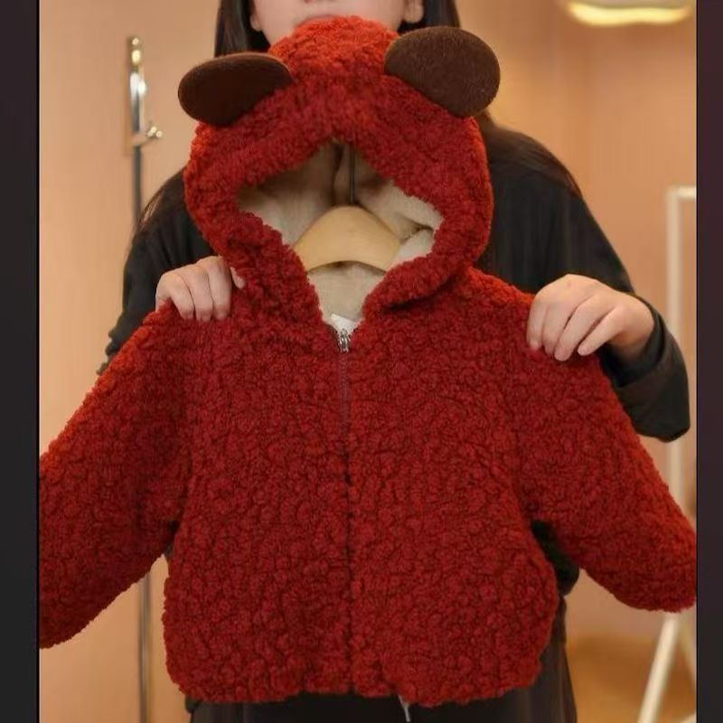 Girls' Cute Bear Print Thickened Fleece Lined Winter Jacket — image 3