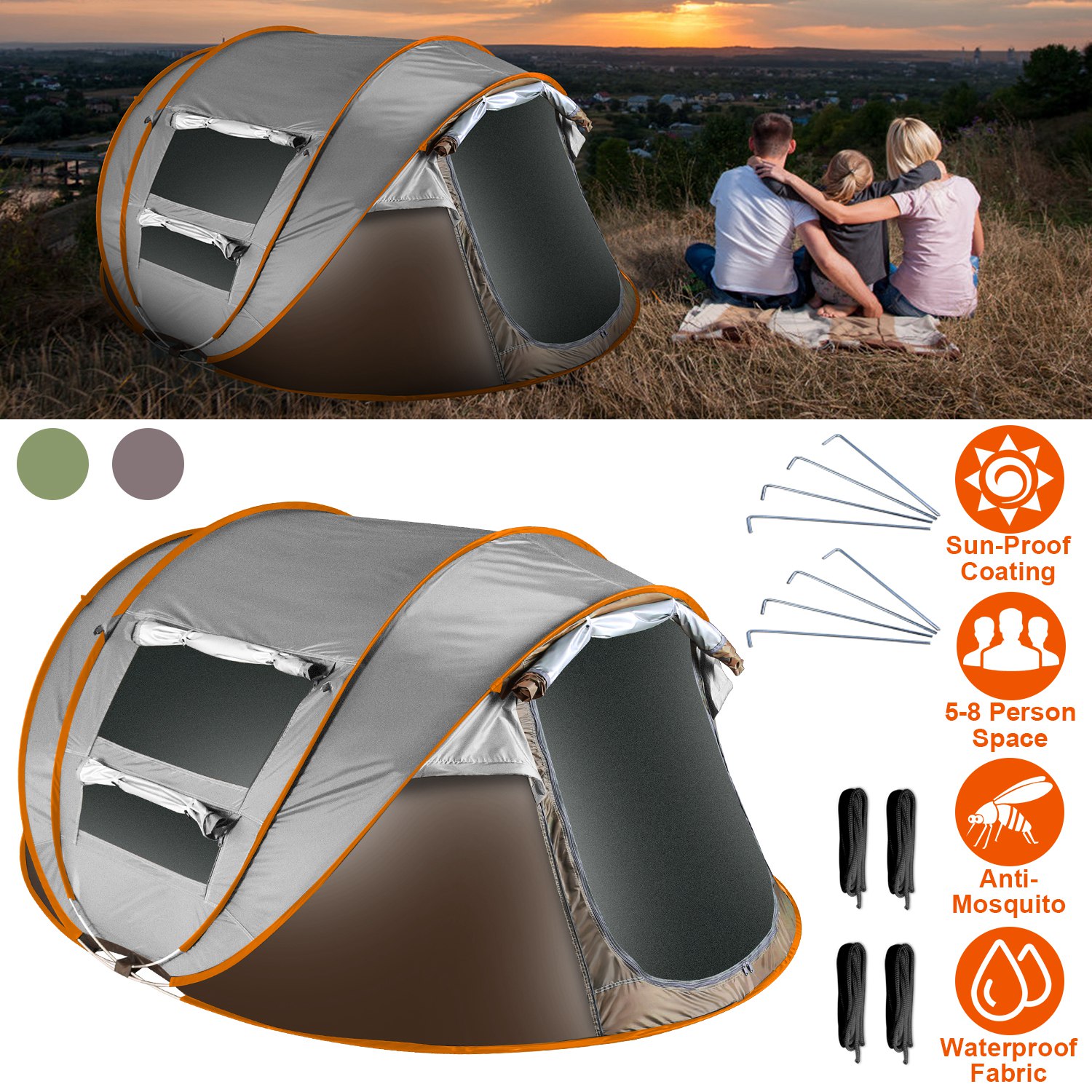 Carpa para 5-8 Personas de Armado Automático, Carpa de Camping Impermeable de Instalación Instantánea con 4 Ventanas con Mosquitero, Bolsa de Transporte, Ideal para Senderismo, Escalada, Aventura y Pesca — imagen 14