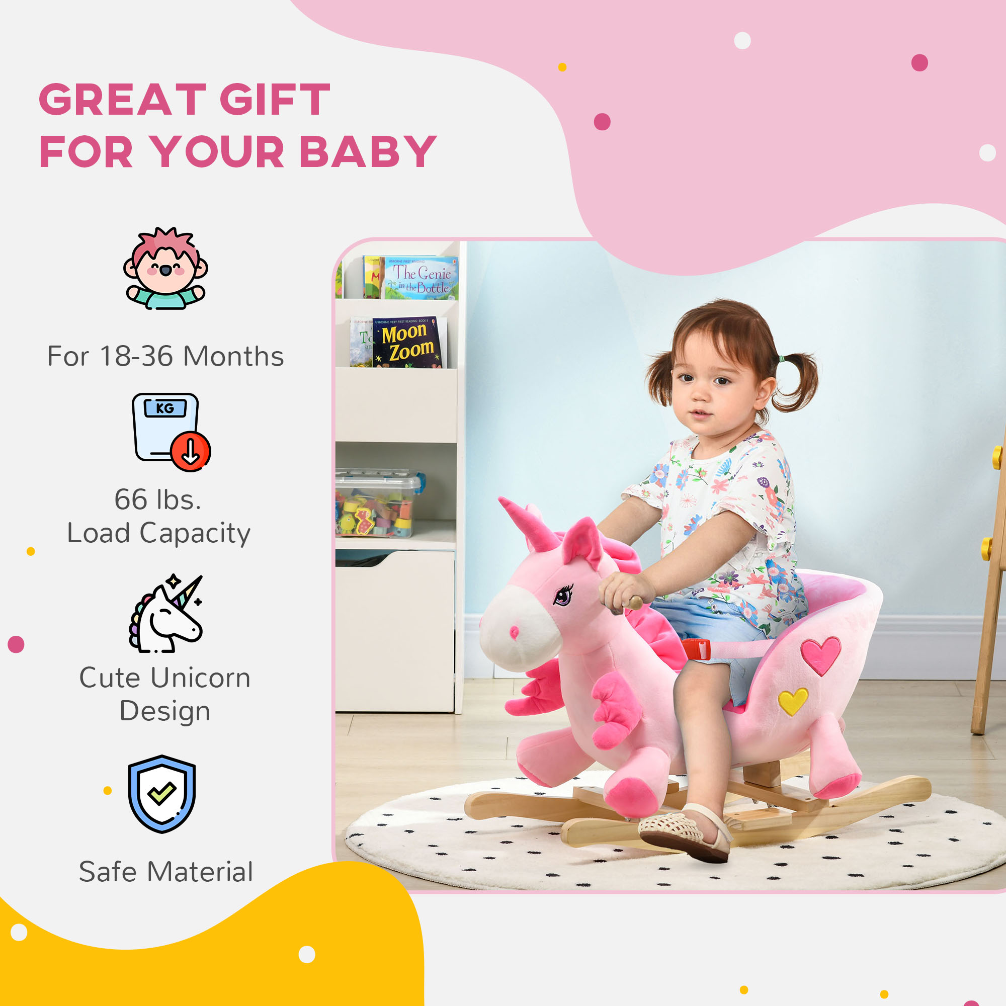 Baby Rocking Horse Ride On Unicorn with 32 Songs, Seatbelt, Pink — image 5