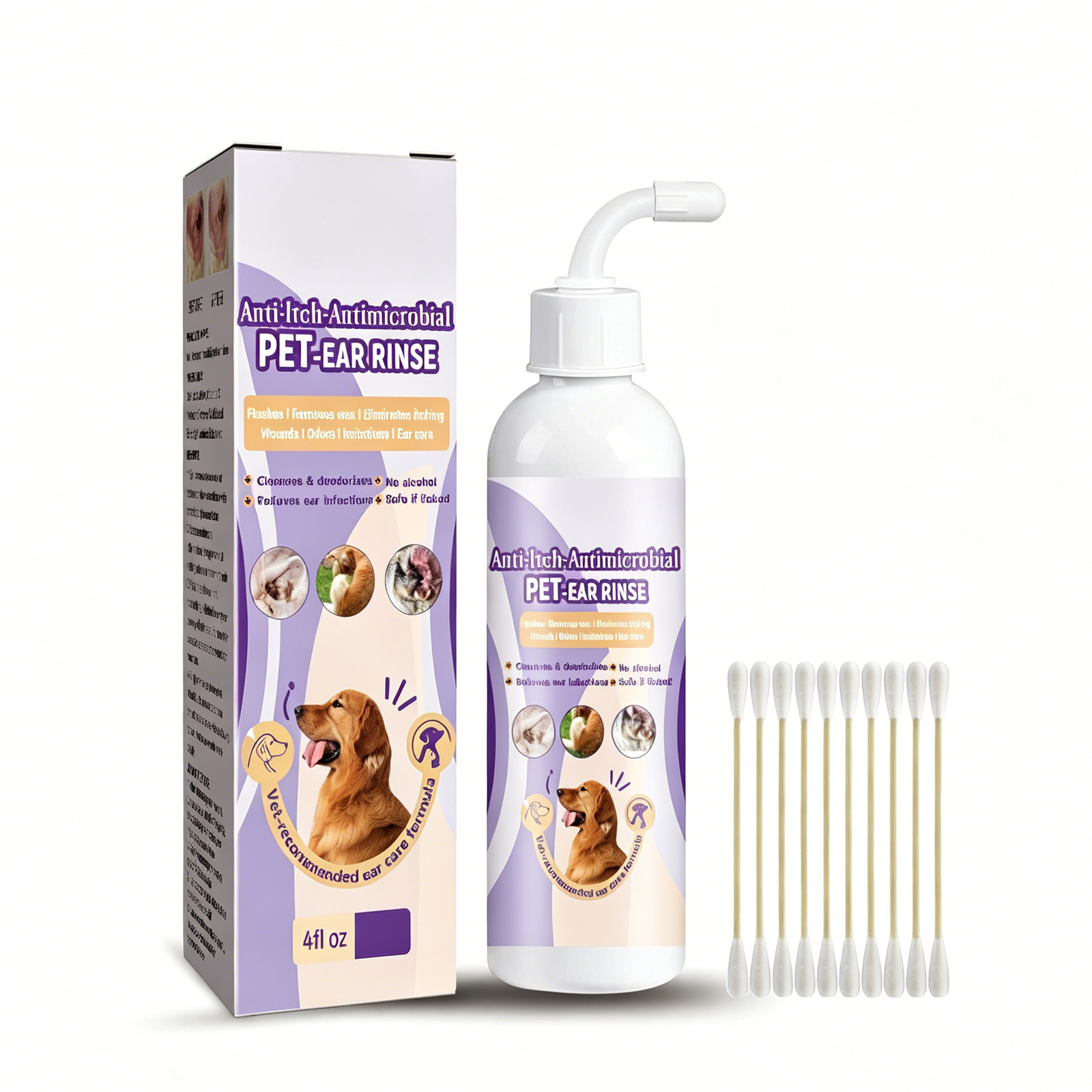 Limpieza para Orejas de Mascotas 118ml con Glicerina y EDTA Disódico, Baño Antipruriginoso Antibacteriano Sin Alcohol para Perros y Gatos — imagen 1