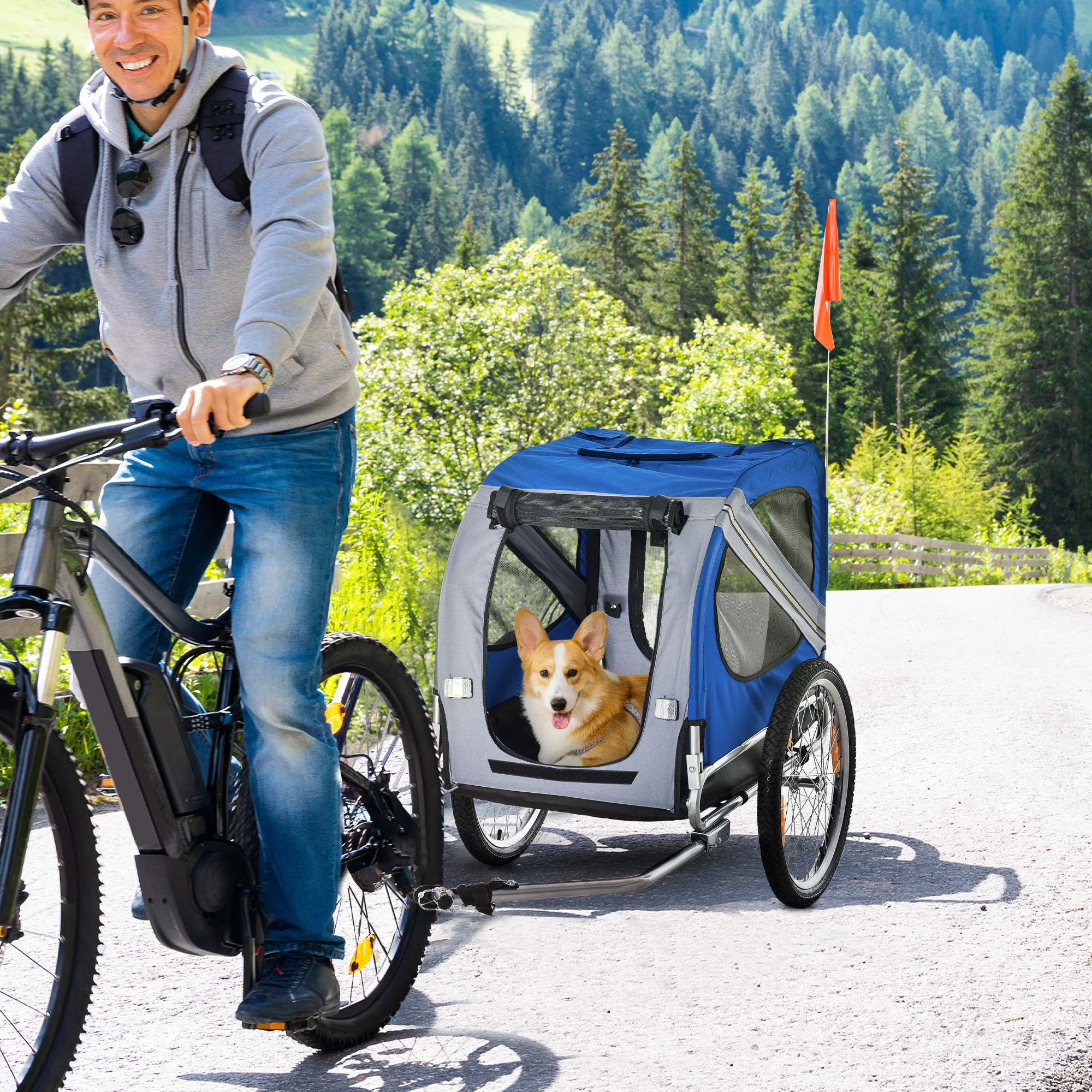 Trailer de bicicleta para perros, carrito de paseo para mascotas con armazón plegable fácil, ruedas de goma grandes de 20", 3 entradas, pantalla de malla, trailer de bicicleta para perros para terrenos difíciles y viajes, azul y blanco — imagen 4