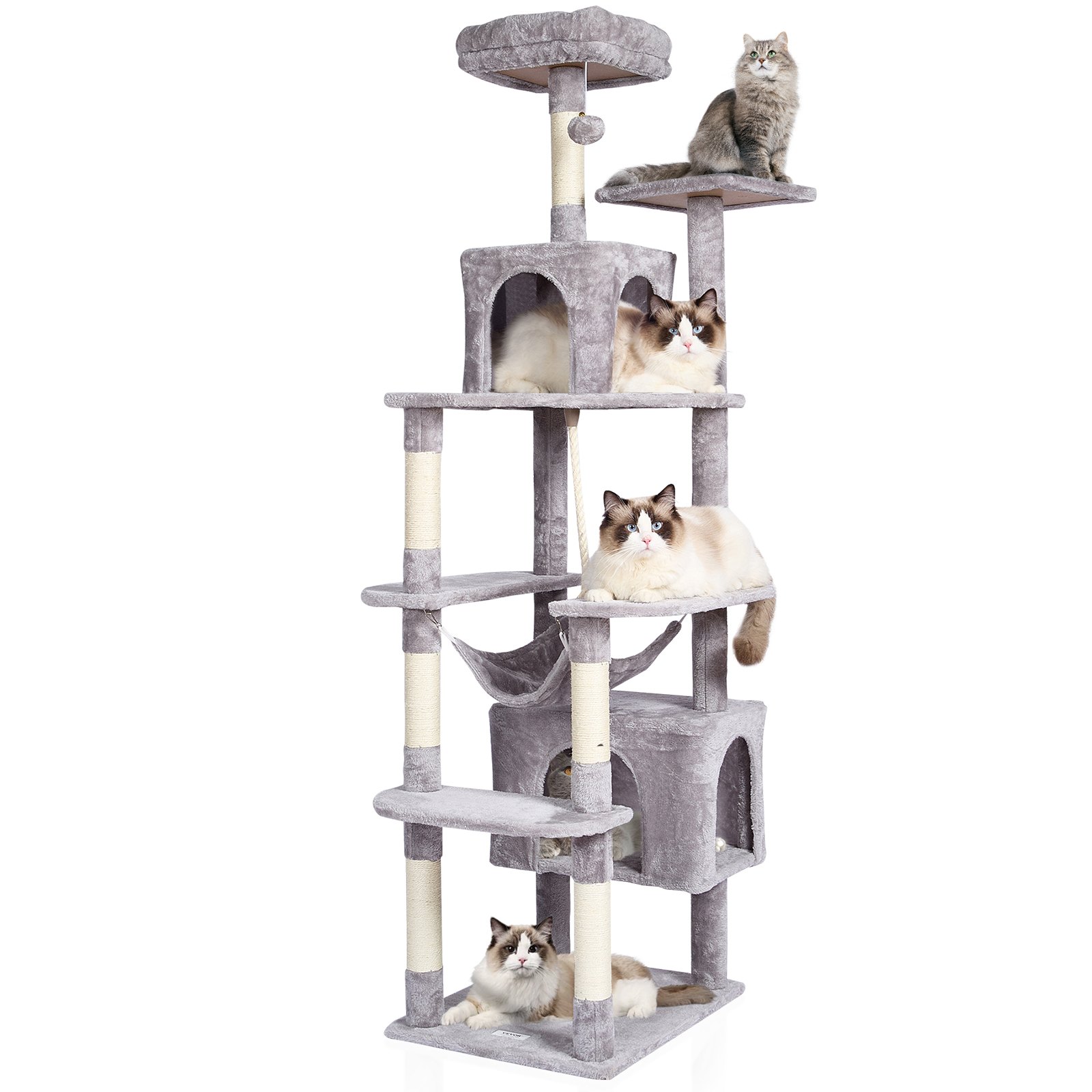 Árbol para Gatos de Interior, 72" Torre para Gatos con 2 Condos, Poste de Rastrillado Sisal, Hammock y Percha Superior, Plataformas Saltarinas, Centro de Actividad para Gatos Grande en Gris Claro — imagen 1