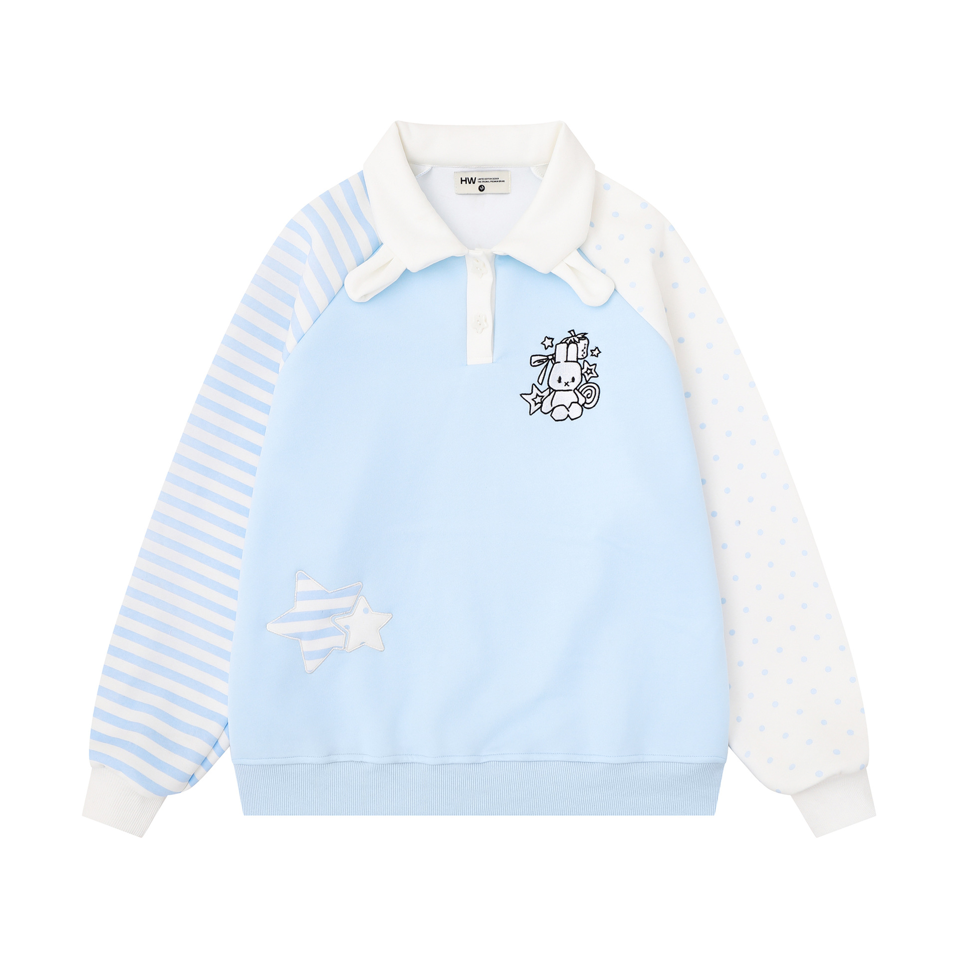 Cute Rabbit Ear Stripes Polka Dots Color Block Sleeves Rabbit Embroidery Loose Polo Collar Pullover Sweatshirt Top — image 2