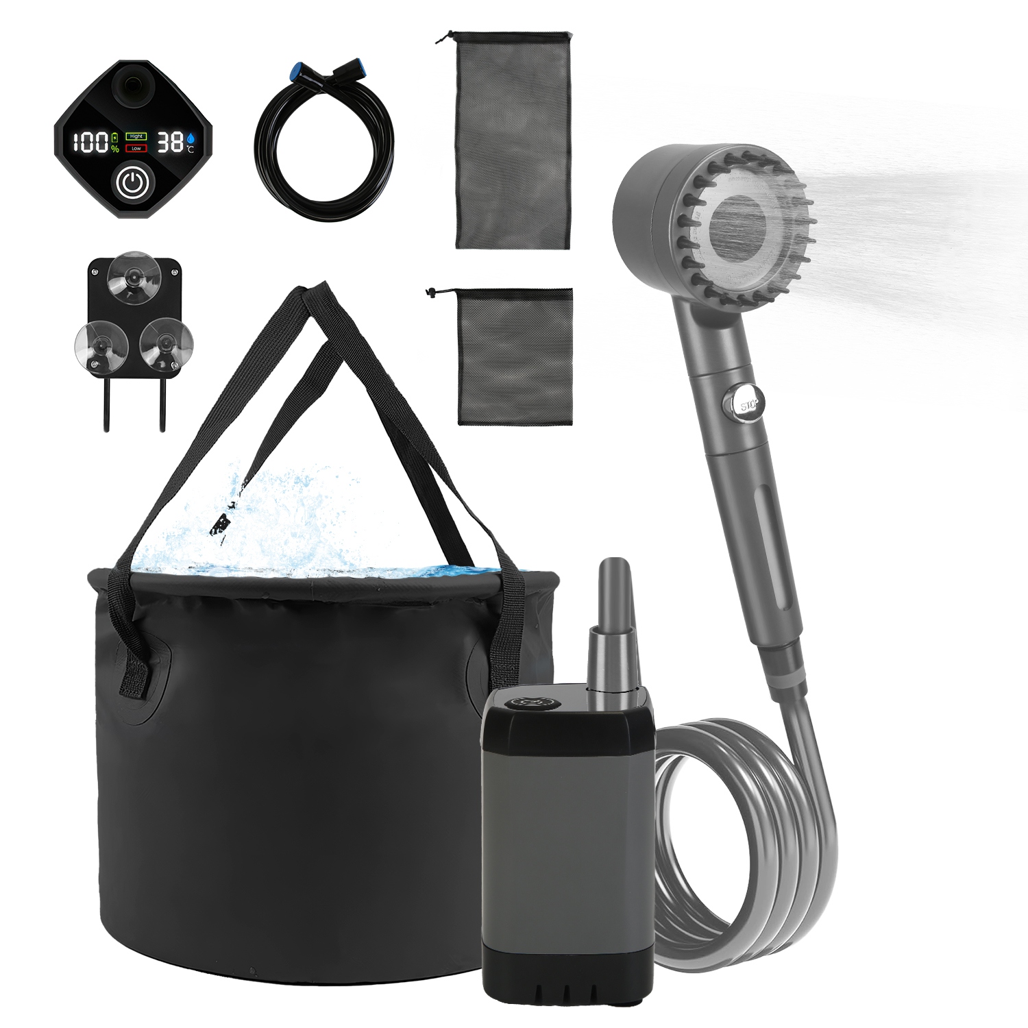 Ducha Portátil para Camping con Accesorios IPX7 Resistente a Agua 6000mAh Recargable Ducha con Cabezal Filtro Capacidad 5.3 Galones Bolsa de Almacenamiento Plegable para Caminatas Playas Viajes y Mascotas — imagen 7