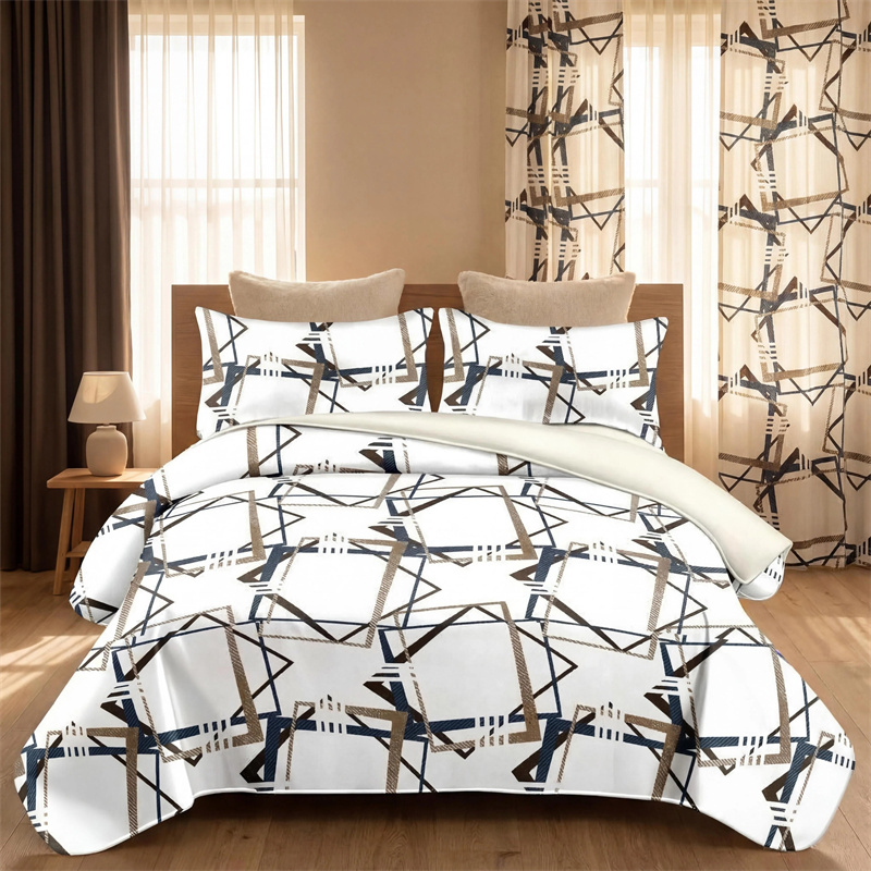 Set de Edredón y Cortinas de 9 Piezas 'Habitación en una Bolsa', Diseño Americano con Estampado Geométrico Moderno, Colcha Gruesa con 6 Paneles de Cortina Personalizables, Apto para Mascotas de Alto Gramaje, Marrón, Azul Marino y Blanco — imagen 7