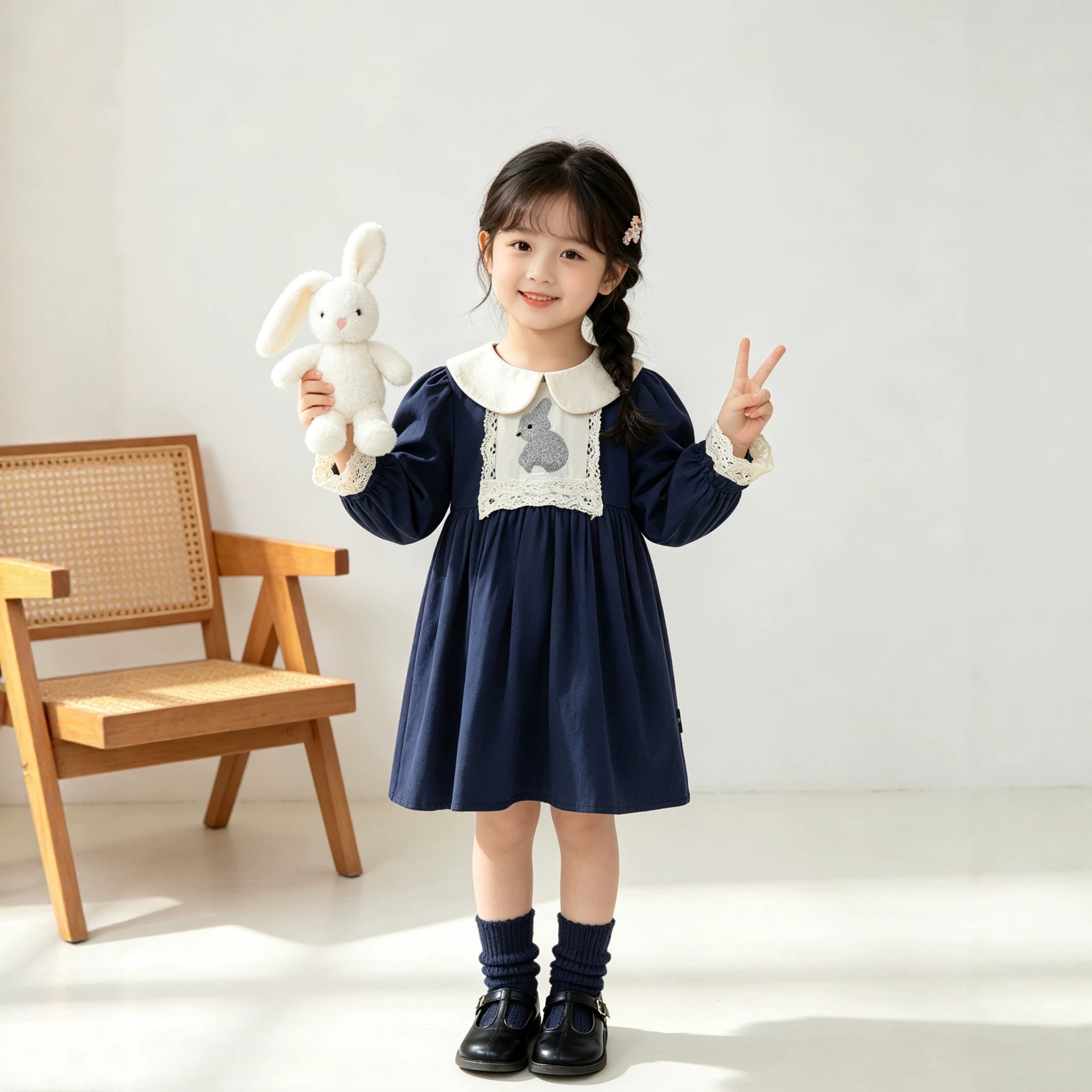 Children's Dress Peter Pan Collar Rabbit Embroidery Long Sleeve — image 3