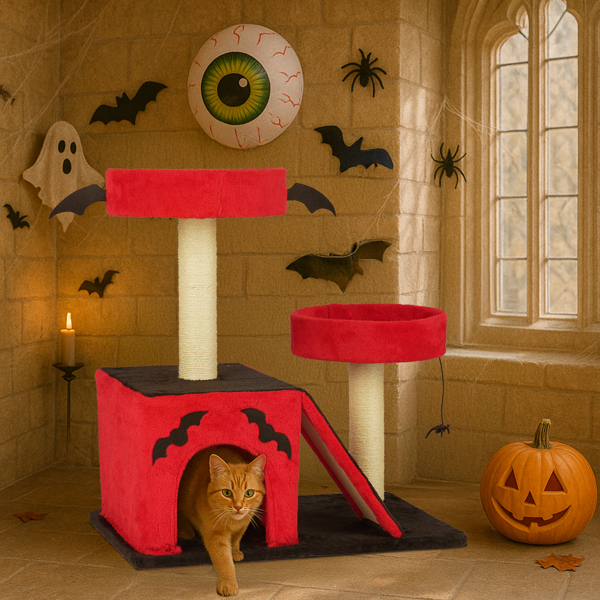 Árbol de Gato Gótico para Halloween - Área de Descanso con Condo Espacioso y Perchas Acolchadas, Postes de Rastrillado y Juguetes de Araña para Gatos Grandes, Rojo y Negro — imagen 11