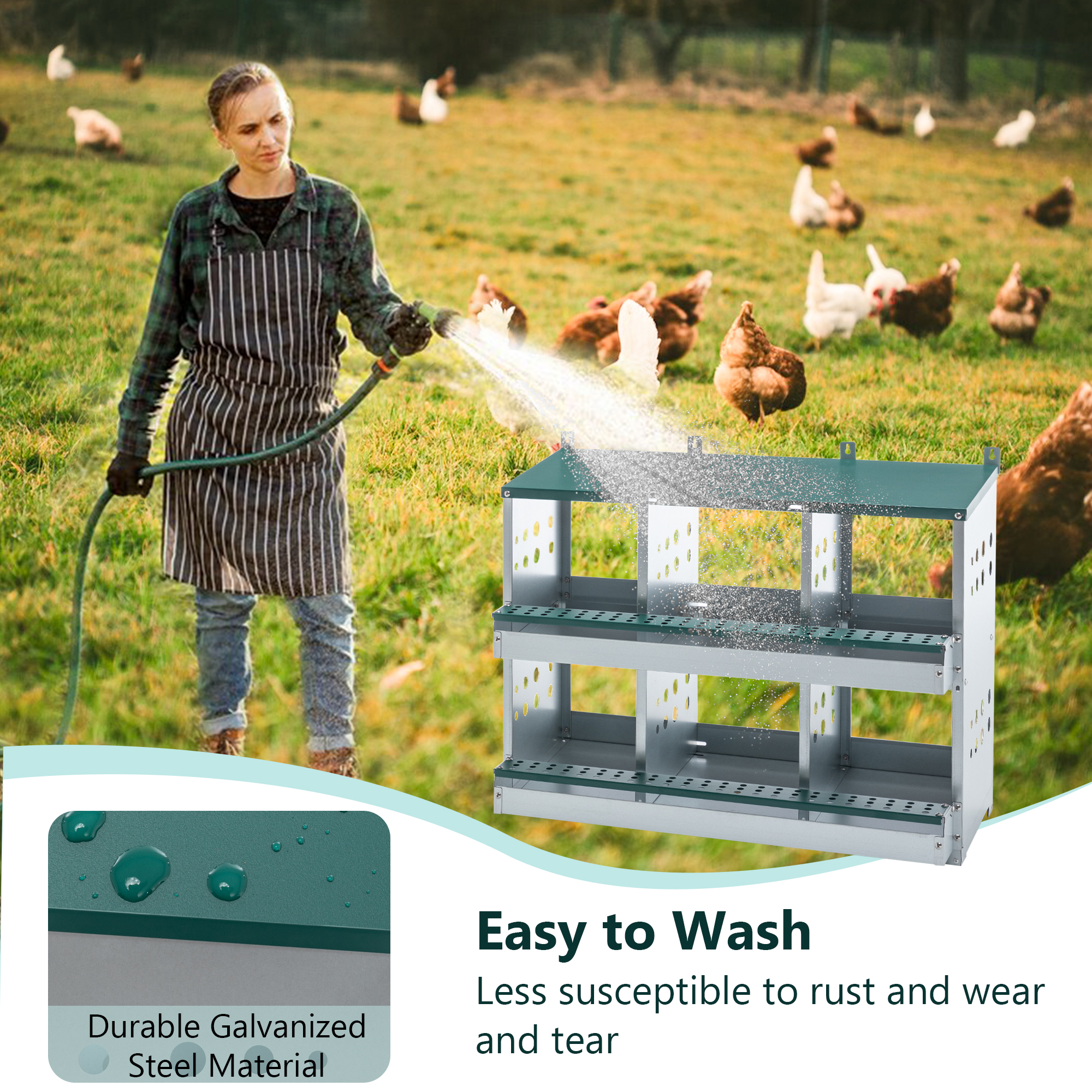 6 Compartments Chicken Nesting Box For Laying Eggs, Roll Away Chicken Laying Boxes, Green — imagen 2