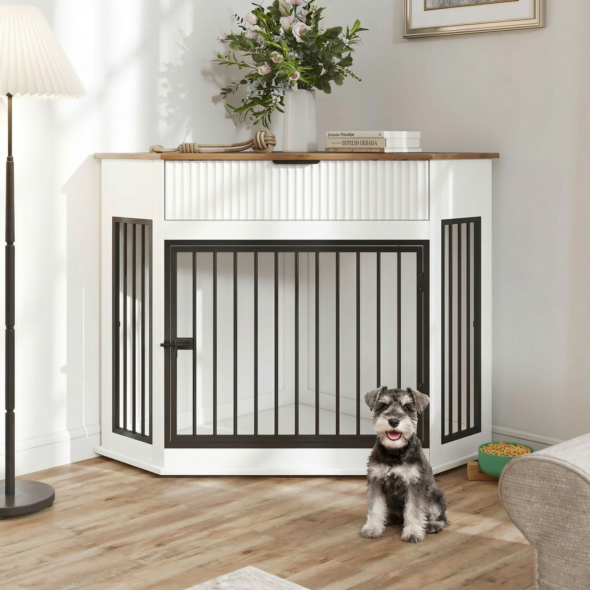 Jaula-Mueble de Esquina en MDF de 44.6" para Perros Pequeños/Medianos, Caseta Decorativa con Mesa Auxiliar y Cajón Acanalado de Almacenamiento, Gabinete Moderno para Jaula de Perro Que Ahorra Espacio, Para Decoración Interior, Blanco — imagen 1