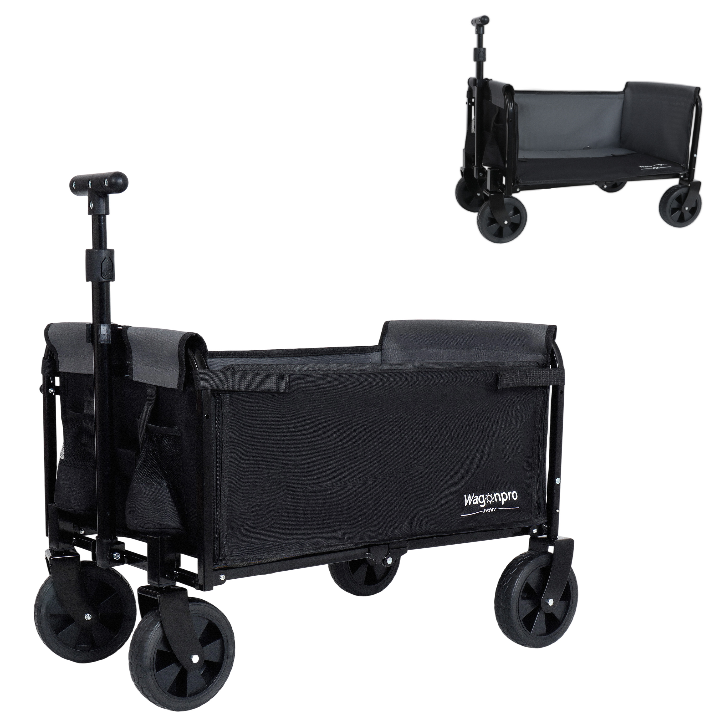 All- In- One Convertible Folding Camping Wagon Cart Bench Seat Storage Compartment & Included Dog Tether Black Gray — imagen 2