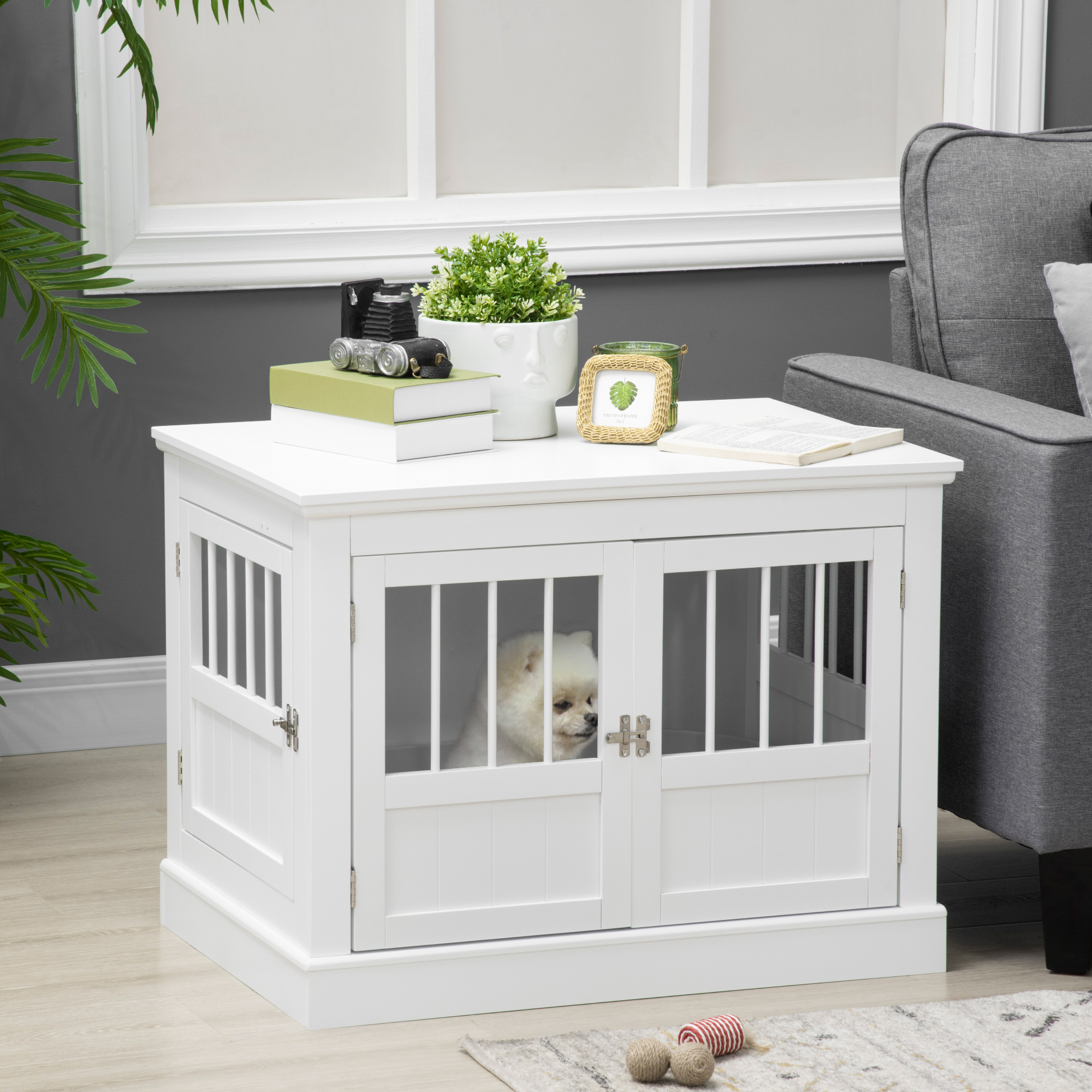 Mesa de Perro con Caja de Madera, Tablero con Tres Puertas para Canes Pequeños, Color Blanco — imagen 1