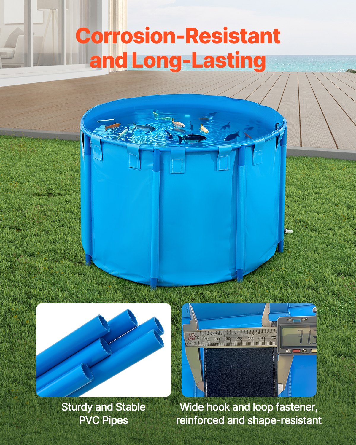 Tanque de Peces Sobre Tierra en Malla de PVC 448.8 Gal Redondo para Koi (Azul) — imagen 5