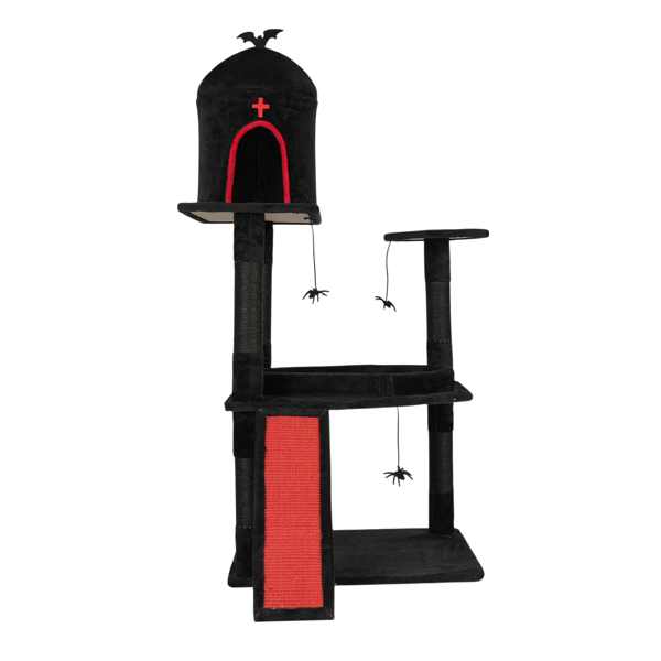 Árbol Gótico para Gatos con Caja de Tumba, Torre para Gatos Grande con Condo Espacioso, Postes de Rasguñado, Juguetes Colgantes de Araña, Tablero de Rasguñado, Mobiliario de Actividades para Gatos de Gran Tamaño en Rojo y Negro — imagen 4